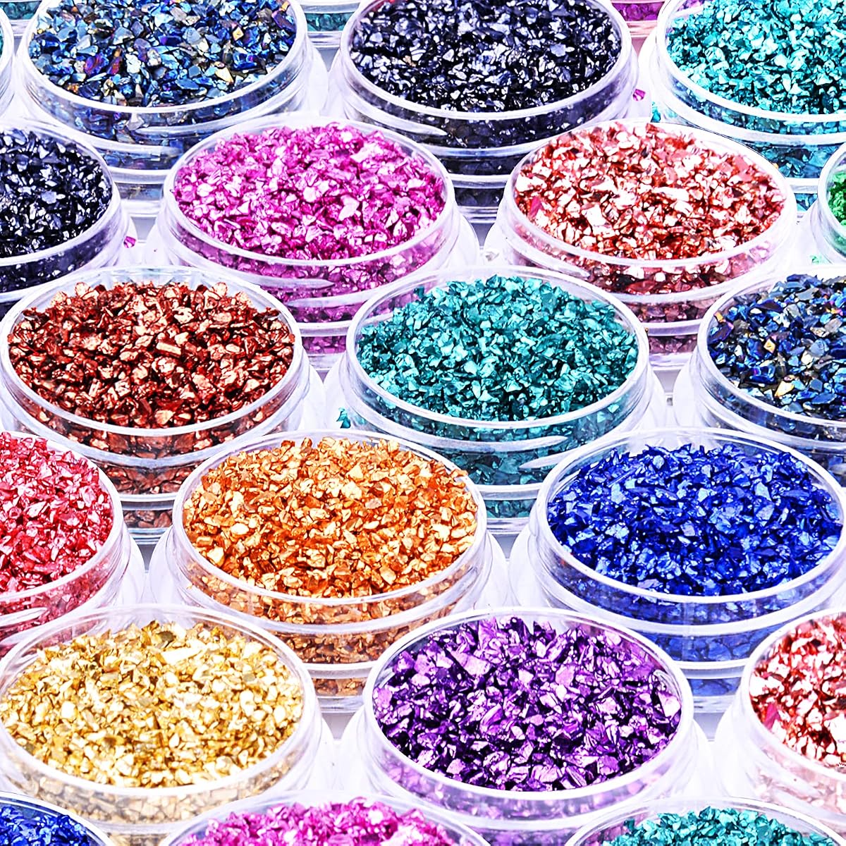 12 cajas de vidrio triturado con purpurina fina para arte de resina, pequeñas piezas de vidrio roto, chips de cristal metálico irregular, copos gruesos, lentejuelas para decoración de uñas, bricolaje, florero, relleno de joyería epoxi