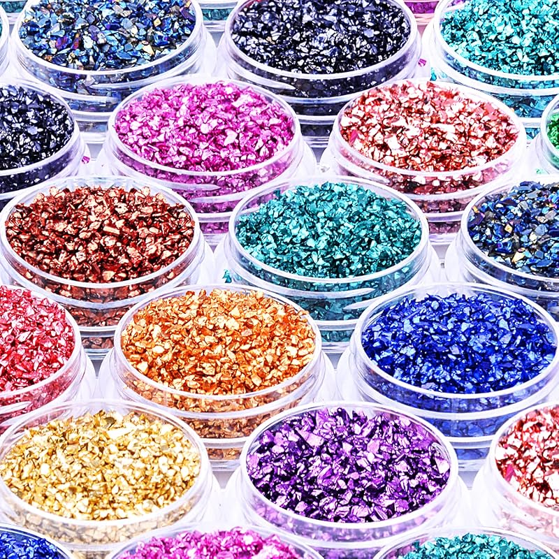 12 cajas de vidrio triturado con purpurina fina para arte de resina, pequeñas piezas de vidrio roto, chips de cristal metálico irregular, copos gruesos, lentejuelas para decoración de uñas, bricolaje, florero, relleno de joyería epoxi