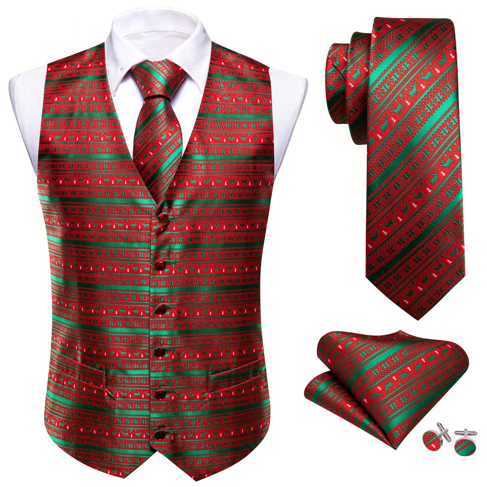 Barry.Wang Men Christmas Vest Red Green Xmas Elk Snowflake Holiday Suit Waistcoat Tie Set New Year Festival