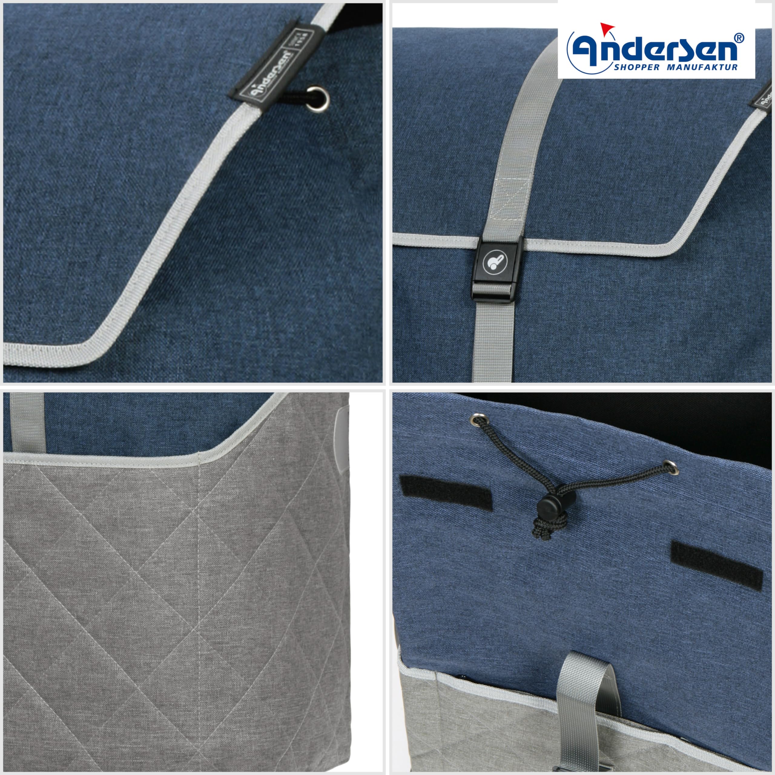 ANDERSEN Einkaufstrolley - Royal Sh. Plus Lasse blau | Fahrradanhänger, Luftbereifung, aus Alu, bis 50 kg - Tasche großes Volumen, Innenfach, Reflektoren, 59 L