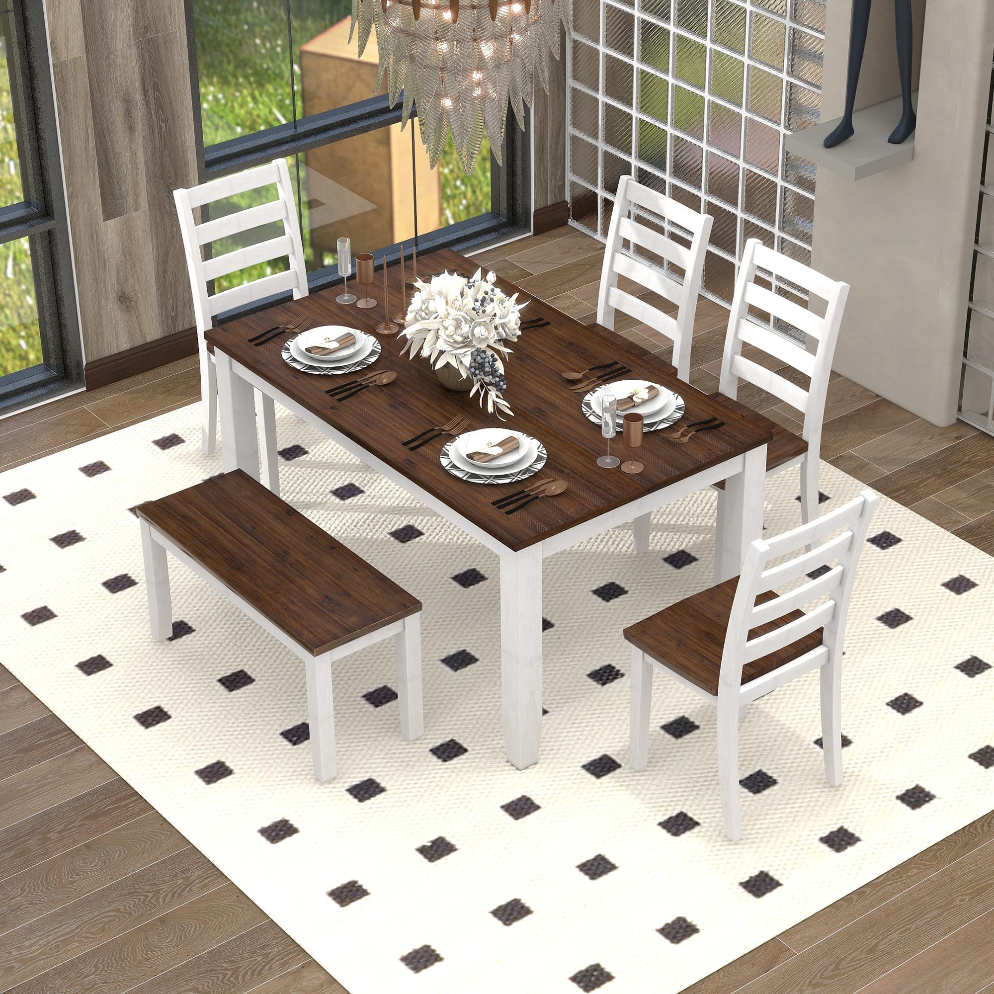 LUMISOL 6-Piece Dining Table Set, Solid Wood Kitchen Table Set with Bench and Chairs for 6, Rustic Dining Room Table and Chairs Set, Walnut + Cottage