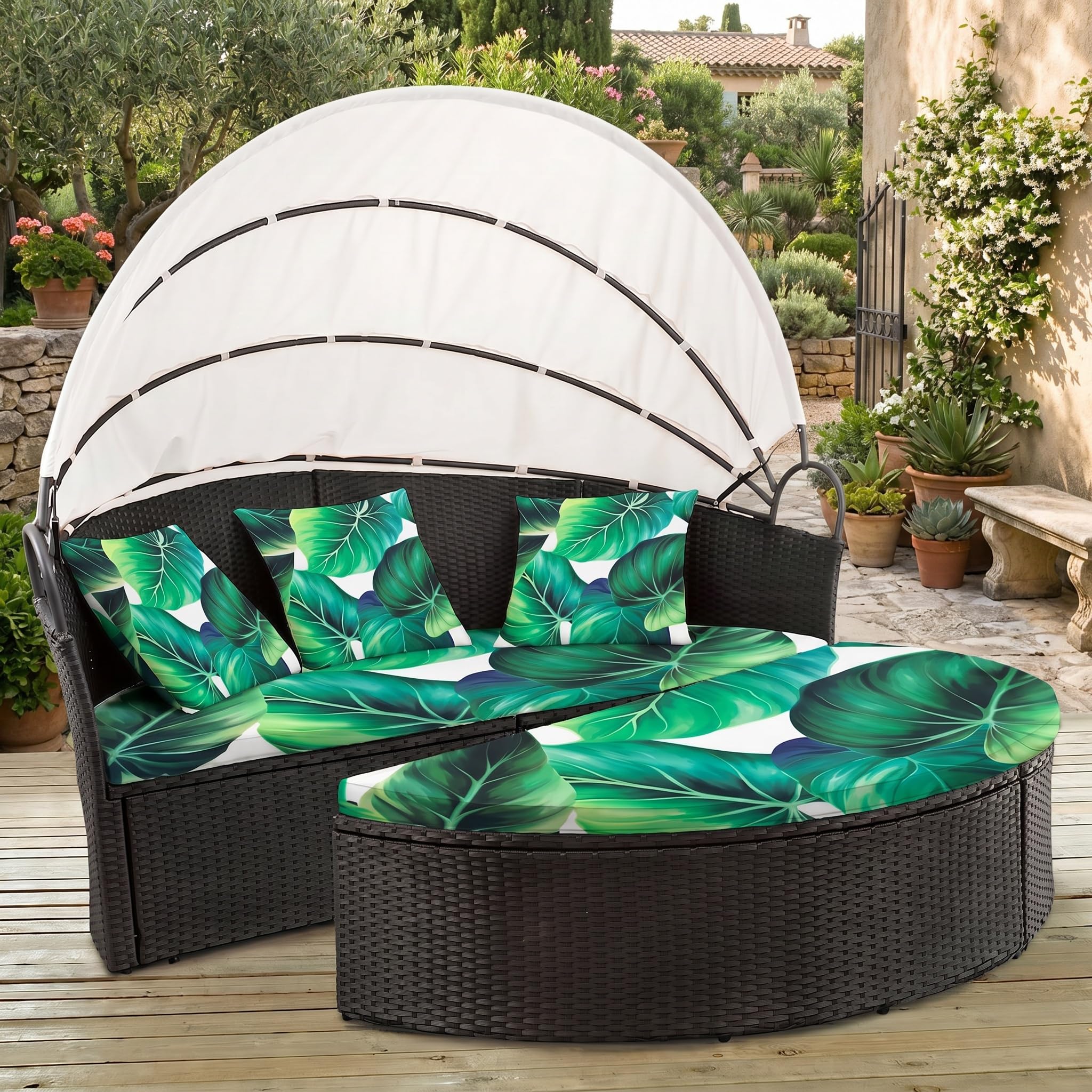 LiveGo Outdoor Daybed Cushion Cover, 66" Replacement Daybed Cover with Elastic Band, Sun Bed Cushion Cover, Outdoor Round Bed Cushion Covers (Leaves B, 2 Half Round Covers + 3 Pillow Covers)