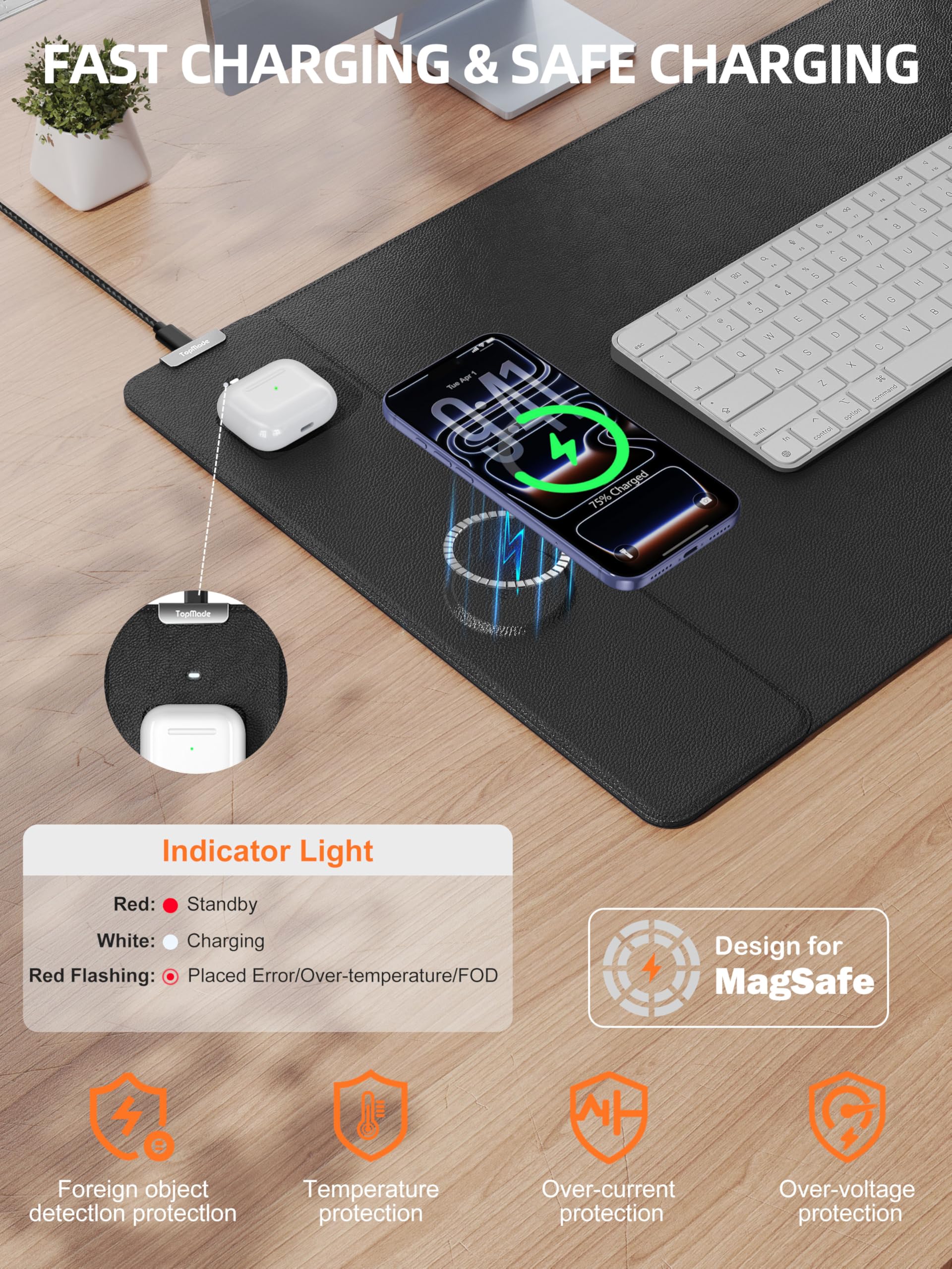 TopMade Alfombrilla de mouse con carga inalámbrica de 15 W, alfombrilla de escritorio de cuero grande XXL, impermeable, para juegos, hogar, oficina, escritorio, protector de teclado de computadora