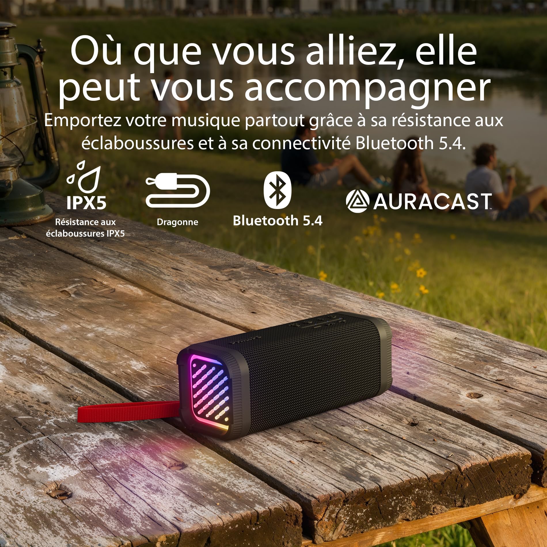 PHILIPS TAS2000B Enceinte sans Fil Bluetooth avec Jeu de lumières LED, Bass+ 20 W, Auracast, 20 Heures d’autonomie, Indice IPX5, Micro, contrôle à partir de l’Application – Noire
