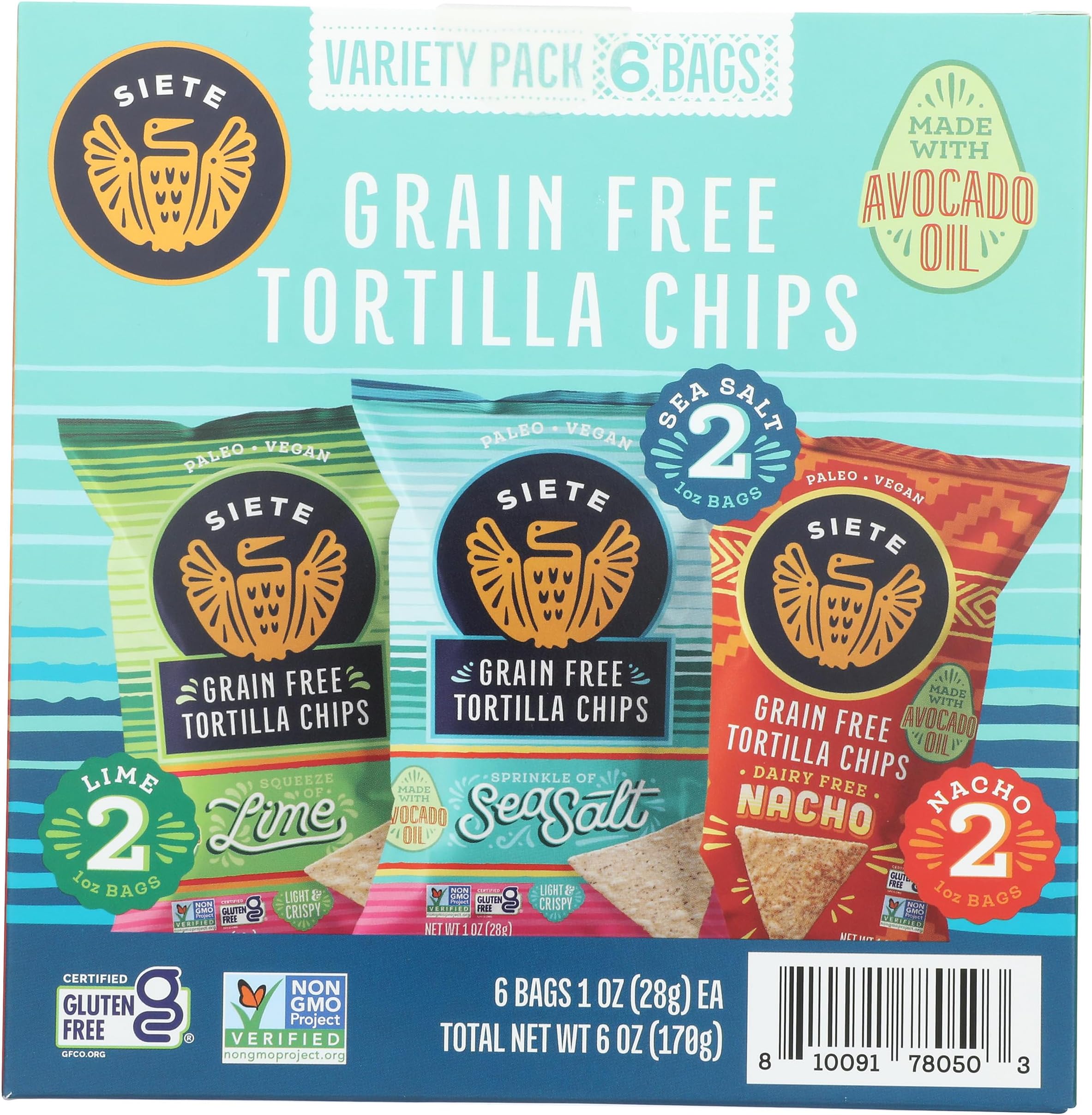 SIETE FAMILY FOODS Grain Free Tortilla Chips Variety Pack 6pk, 6 OZ
