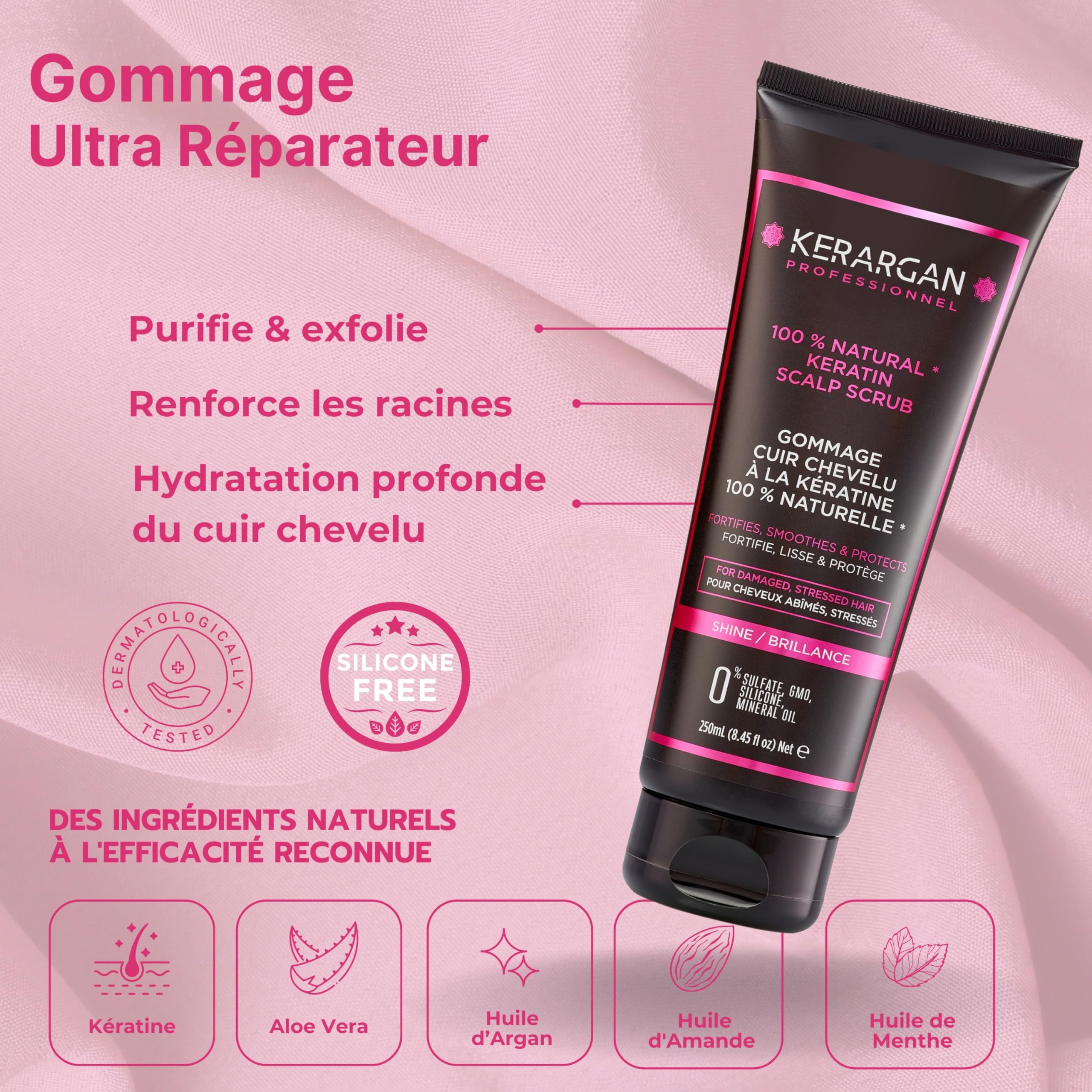 KERARGAN - Duo Kératine Shampoing & Gommage Sans Silicones - 500ml+250ml | Shampoing et gommage, nettoient et exfolient le cuir chevelu, formules sans silicones, OGM ni huiles minérales