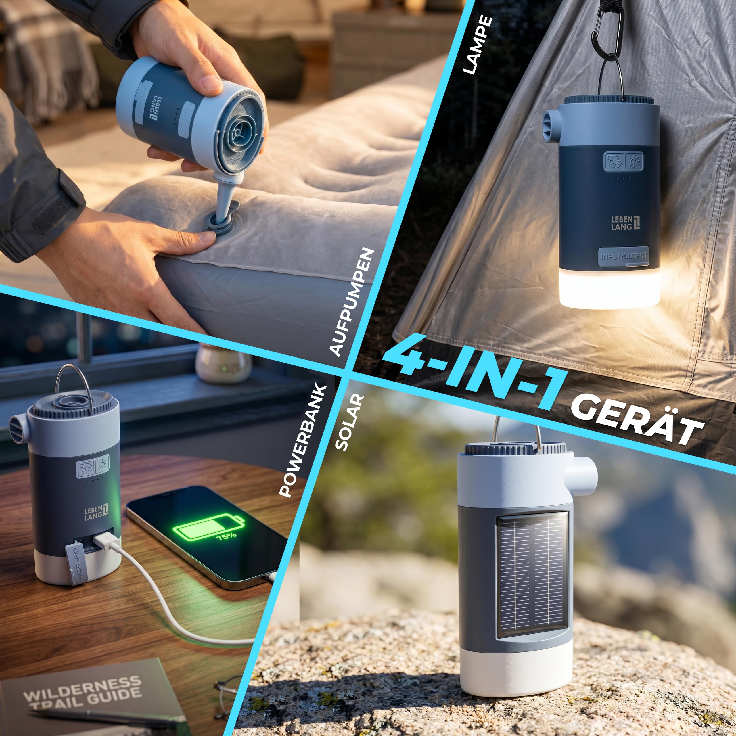 LEBENLANG 3 in 1 Elektro Luftpumpe Akku - 4,5kPa & 4000mAh mit Solarpanel I IPX4 Elektrische Pumpe Akku Elektrische Luftpumpe Boot Camping Zelt Aufpumpen Schlauchboot Kabellose Air Pump Aufblasgerät