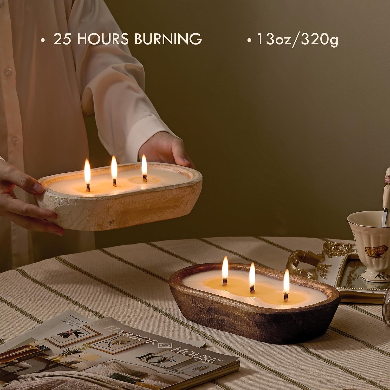 Woodronic 3 Wick Dough Bowl Candle, Vanilla Scented Sachet with White Wooden Bowl, 10 Inch Large Soy Wax Candle for Home Decor, Living Room, Bedroom, Perfect Gifts for Men & Women