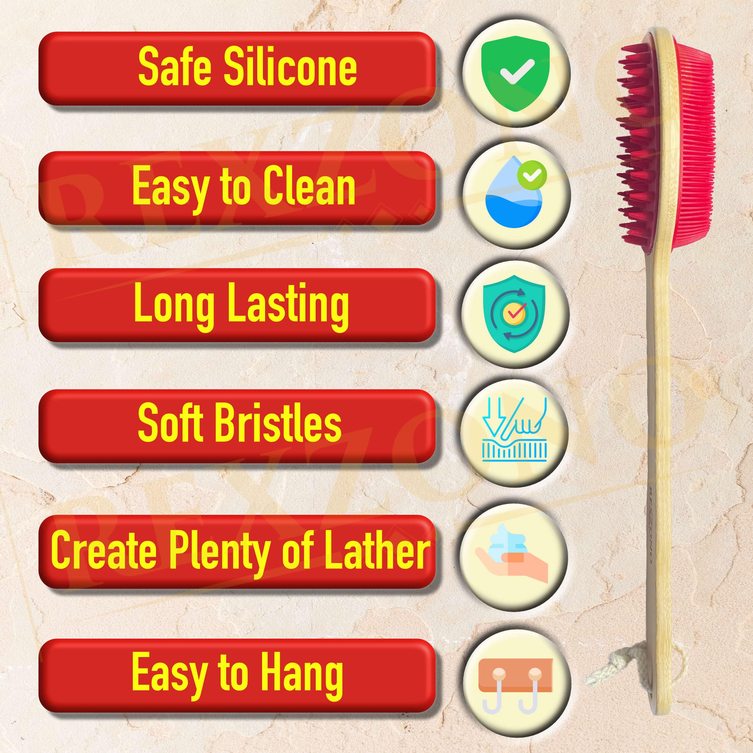 Rexzono Silicone Back Scrubber for Shower (for Sensitive Skin), Exfoliating Body Scrubber, Bath Brush Back Scrubber Long Handle, Silicone Loofah, Back Brush for Shower, Shower Body Scrubber - Image 4