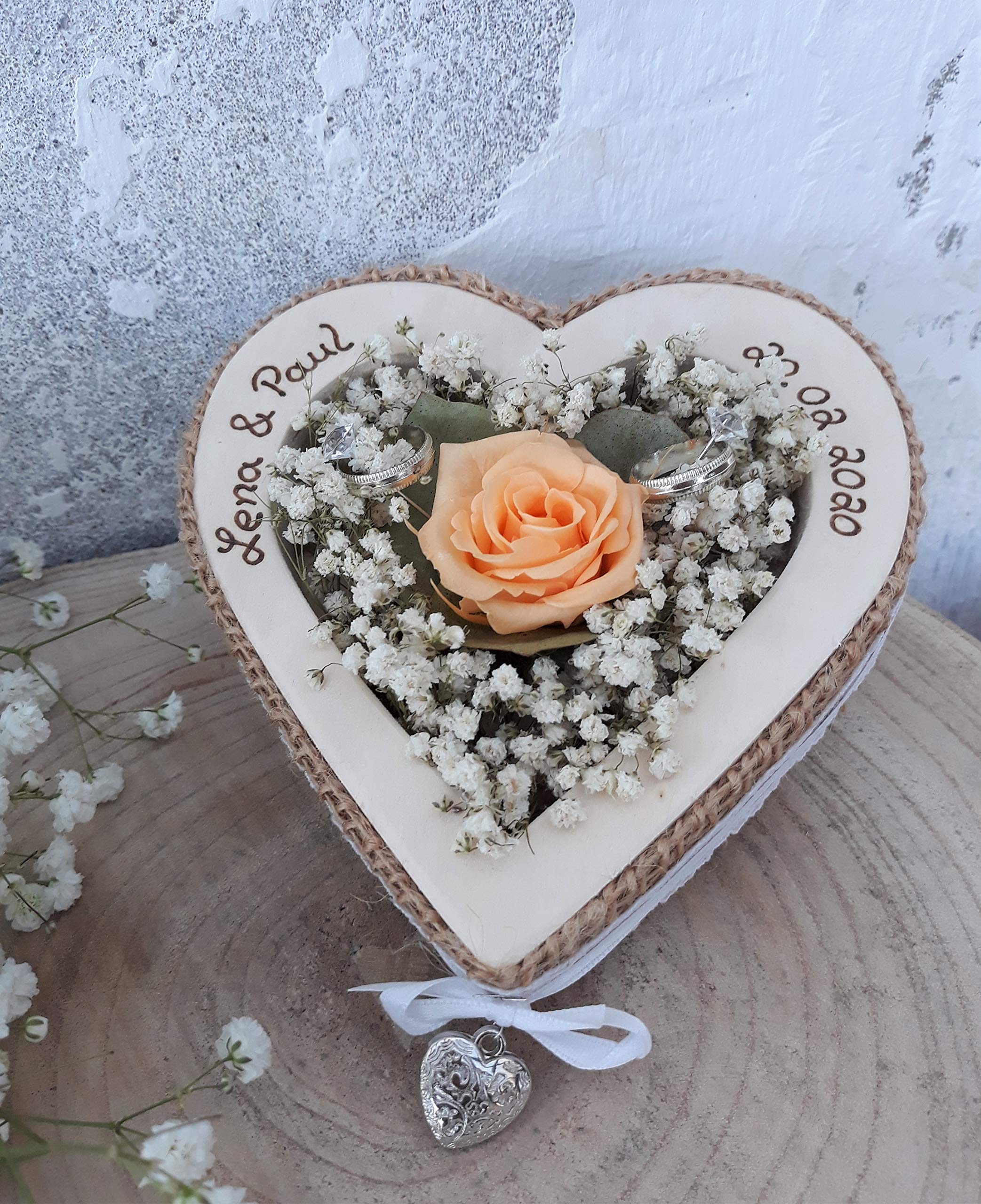 Hochzeit Ringkissen Ringhalter Herz Rose Loveliness apricot für Eheringe mit Namen