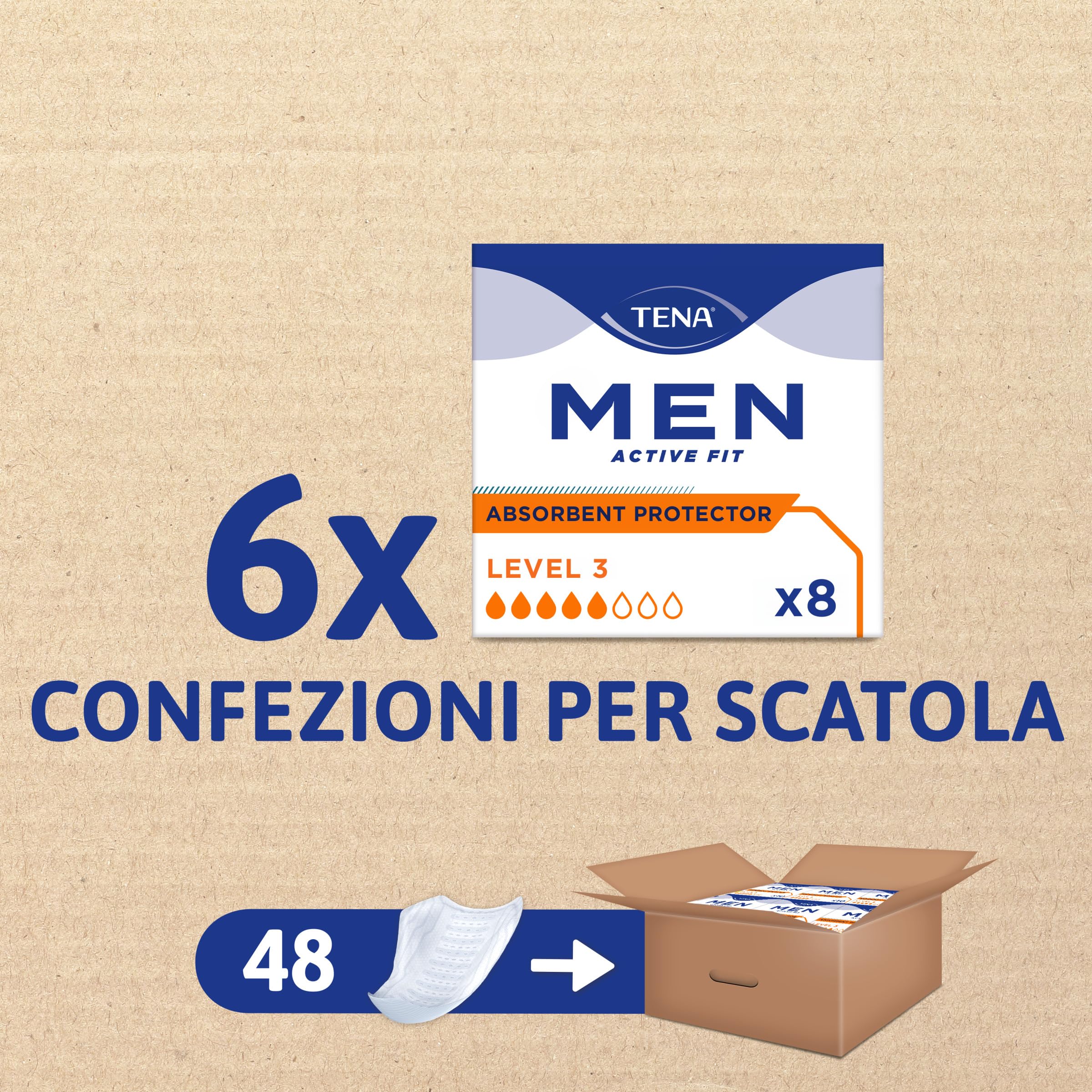 TENA MEN livello di protezione 3, Pacco Scorta Mensile - Protezioni assorbenti specifici per perdite urinarie maschili, discreti e confortevoli, 48 protezioni