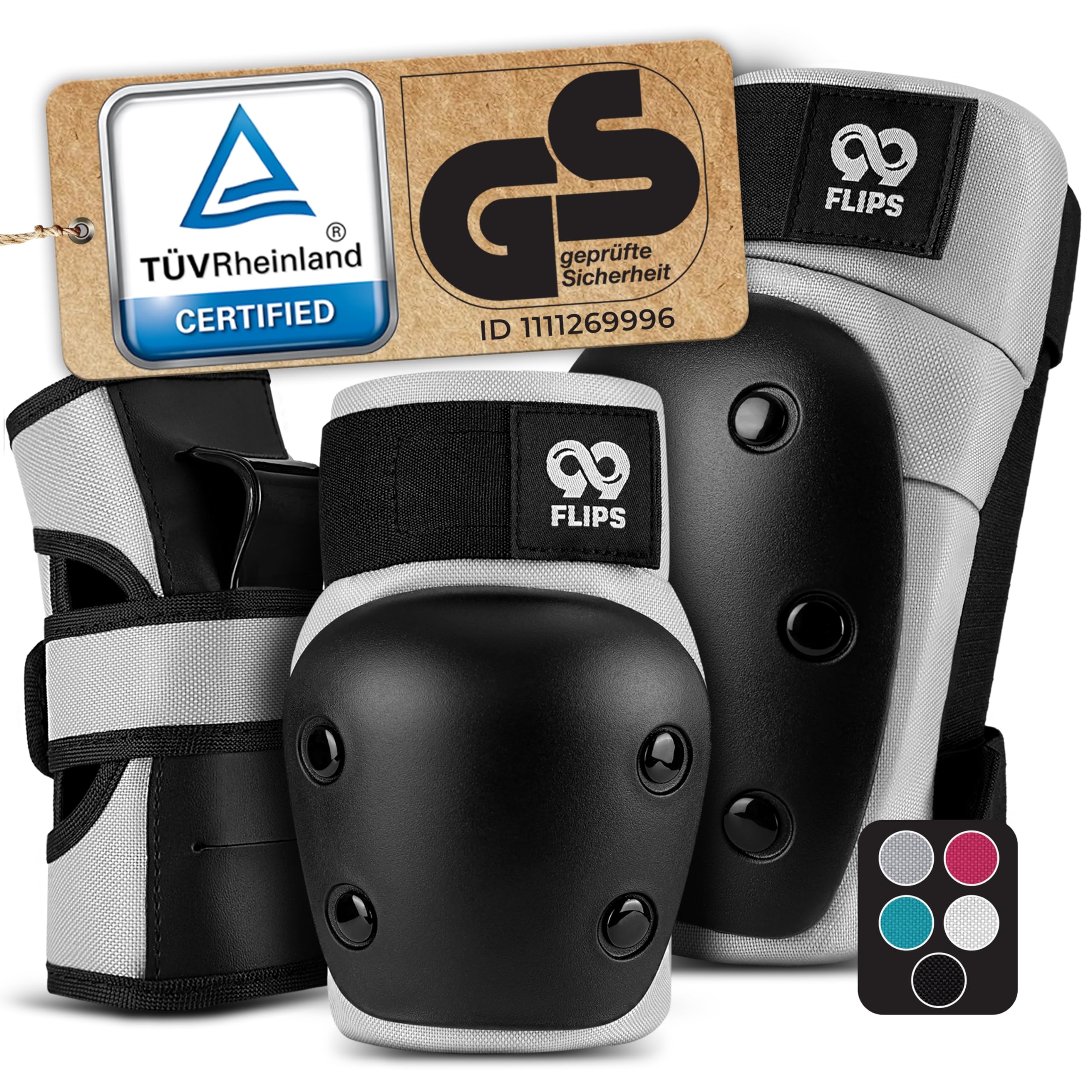 99FLIPS99FLIPS Skate pads adult - Knee and Elbow Pads incl. Wrist Guards - Elbow knee pads for Skateboard, Scooter and Inline Skating - Size M in Grey - skating pads skateboard pads