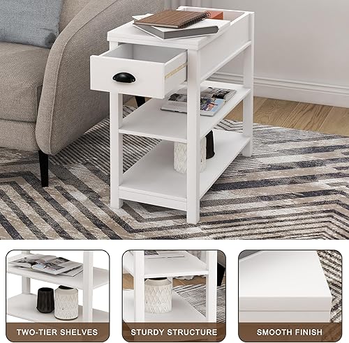 Miniatura 5 de LifeSky - Mesa auxiliar estrecha con tapa abatible, mesa auxiliar delgada con cajón, mesas auxiliares con almacenamiento para espacios pequeños,