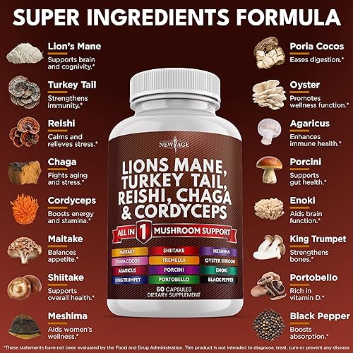 Miniatura 2 de NEW AGE Suplemento de hongo de melena de león con cola de pavo Reishi Cordyceps Chaga con raíz de malvavisco, 180 unidades