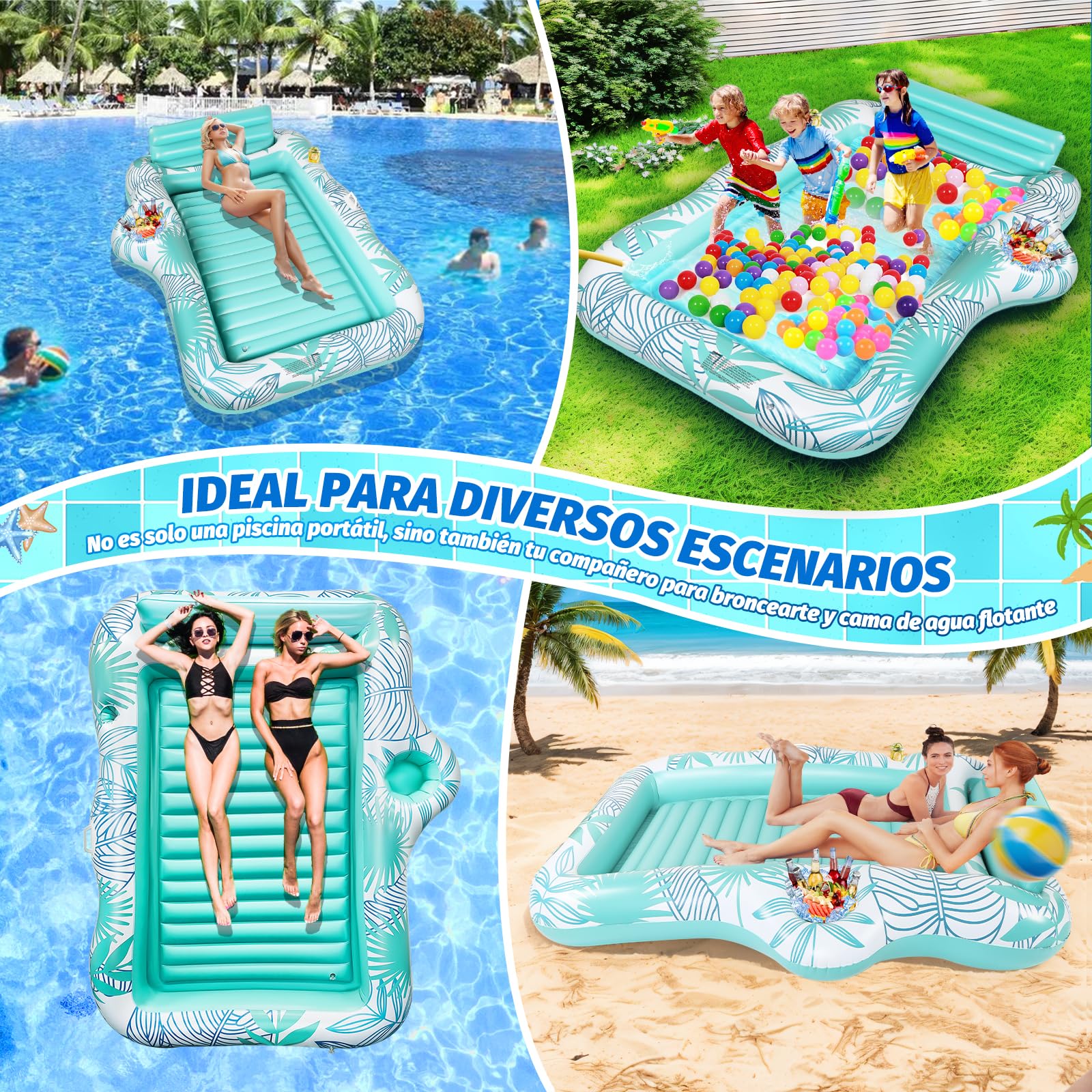 Charmofun Flotador Inflable de Bronceado Grande, Colchoneta Hinchable Piscina con Portavasos y Barra de Hielo, Piscina Bronceado Hinchable Adultos para Playa Fiestas Verano (Azul)