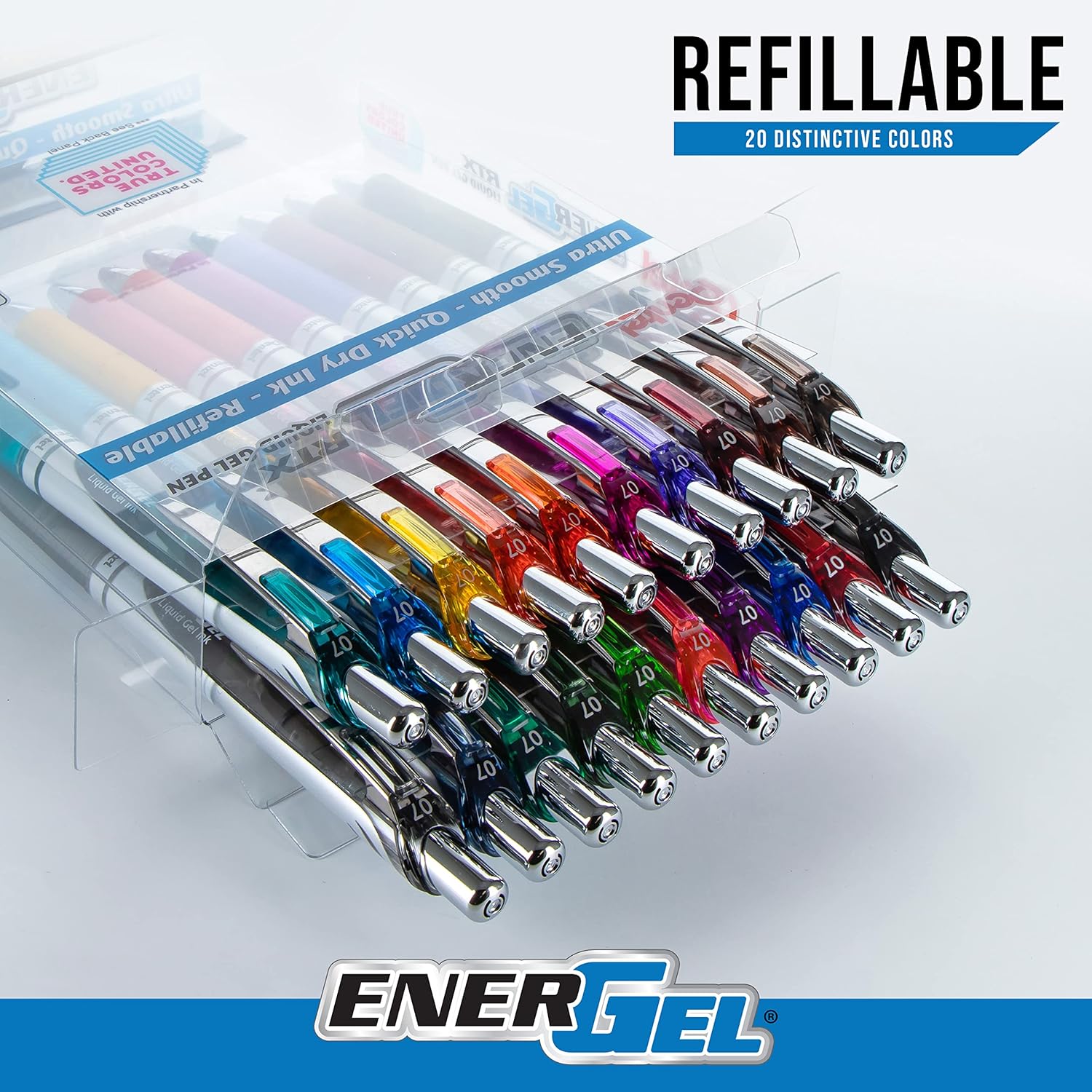 Pentel EnerGel RTX True Colors United 0.7mm Medium Line, 20 Assorted ink Colors, Pack of 20 pens BL77PC20MTCU