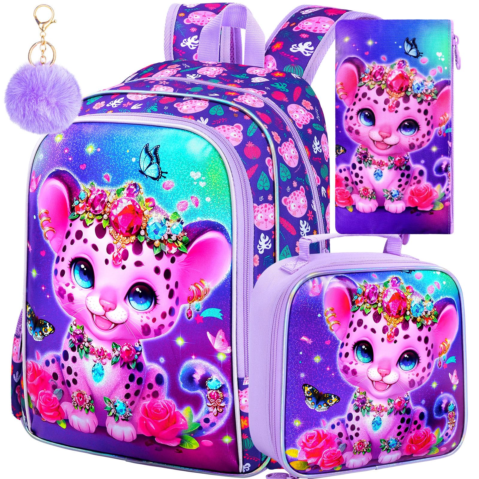 FTJCF 3Pcs Girls Backpack, 16" Kids Bookbag with Lunch Box，Leopard School Backpacks for Elementary Preschool Kindergarten (Purple)