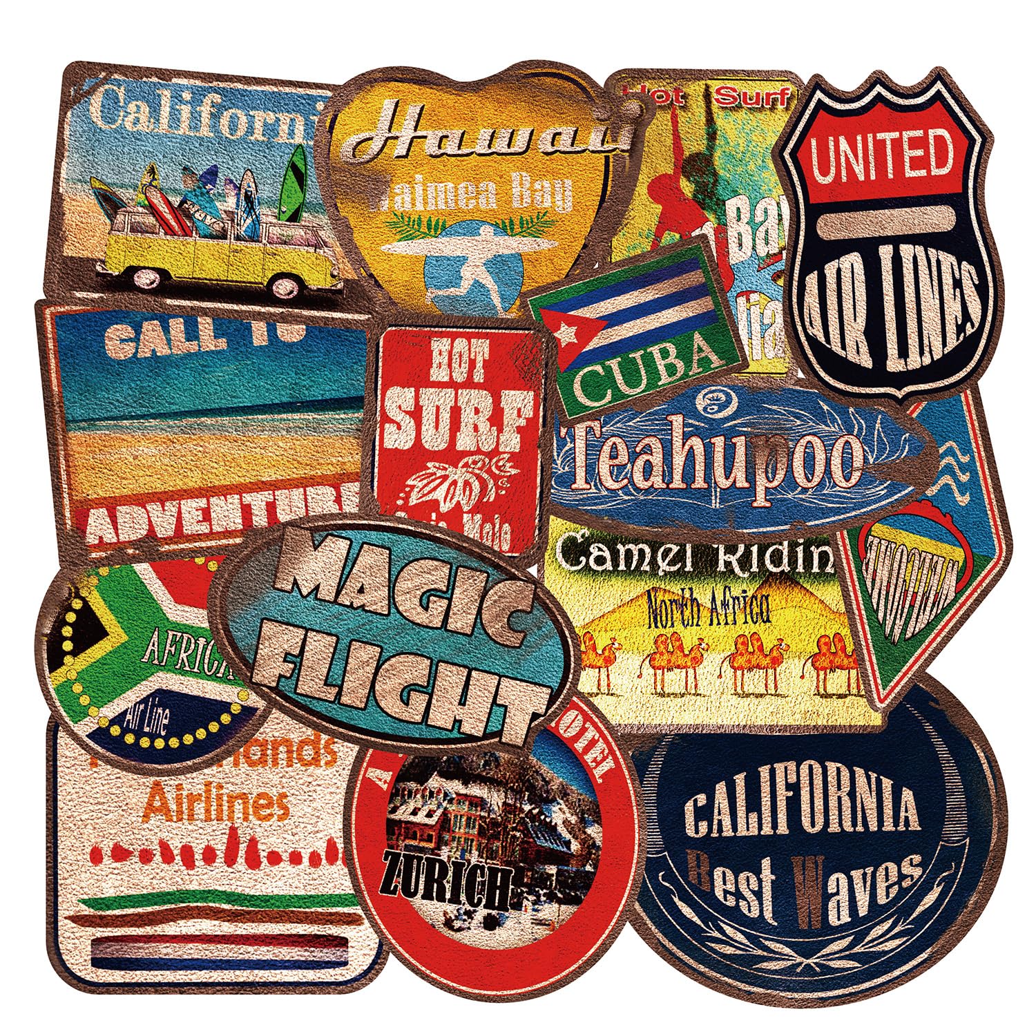 36 Large Retro Travel Stickers, Vinyl Vintage Suitcase Patches Luggage Stickerbomb, Decals for Skateboard Laptop Motorbikes