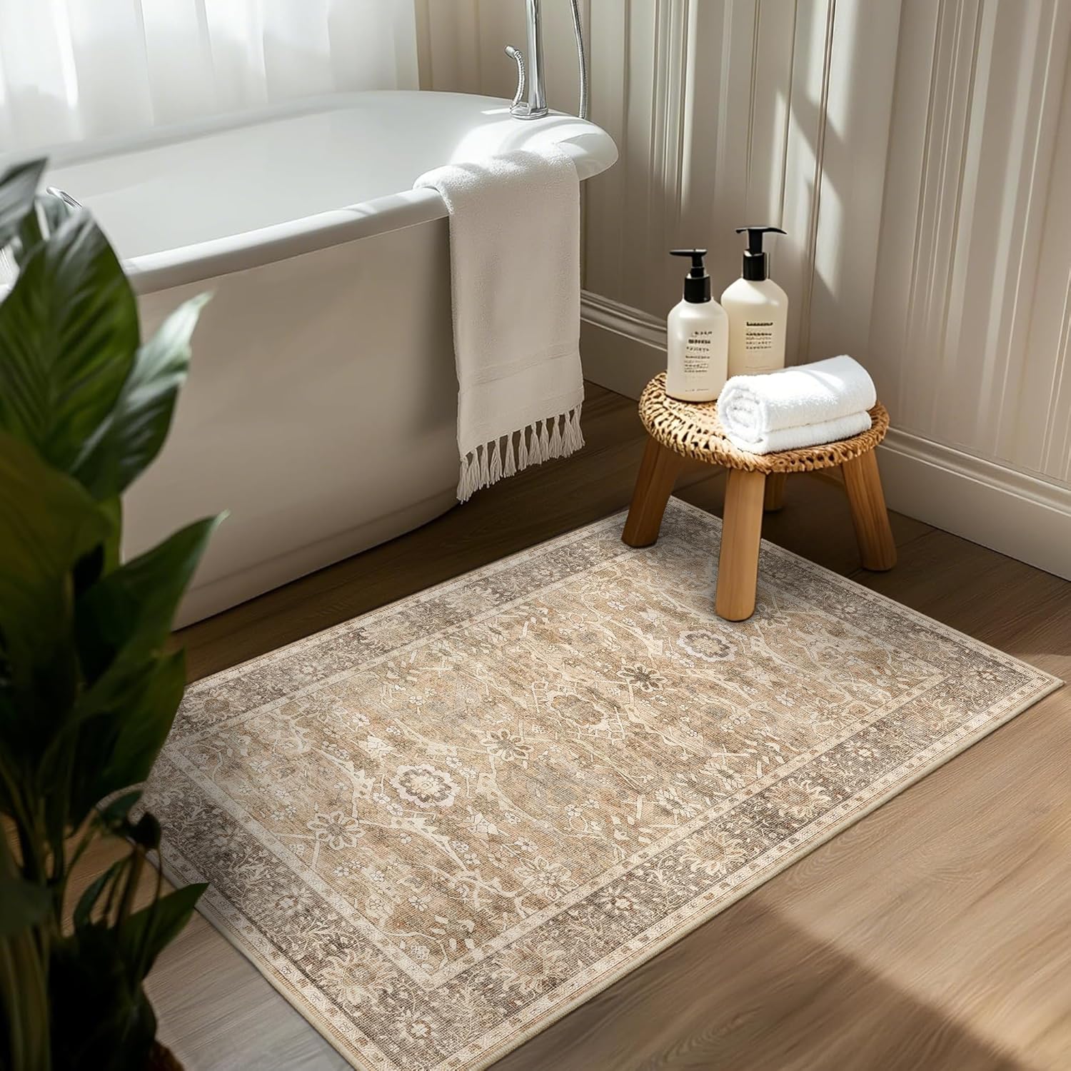 2x3 Entryway Rug Beige Washable Vintage Rugs for Entryway Kitchen Low Pile Non-Slip Door Mat Traditional Distressed Small Throw Area Rugs for Kitchen Entrance Bathroom Beige - Image 3