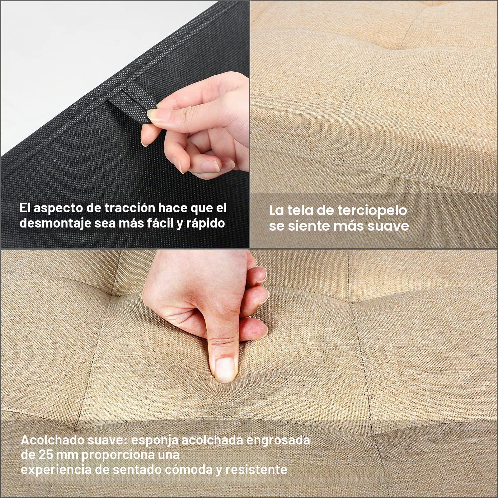BRIAN & DANY Baúl Puff Taburete Plegable de Almacenamiento otomano, Taburete de Lino, reposapiés Plegable para Asiento - Beige, 76 x 38 x 38 cm