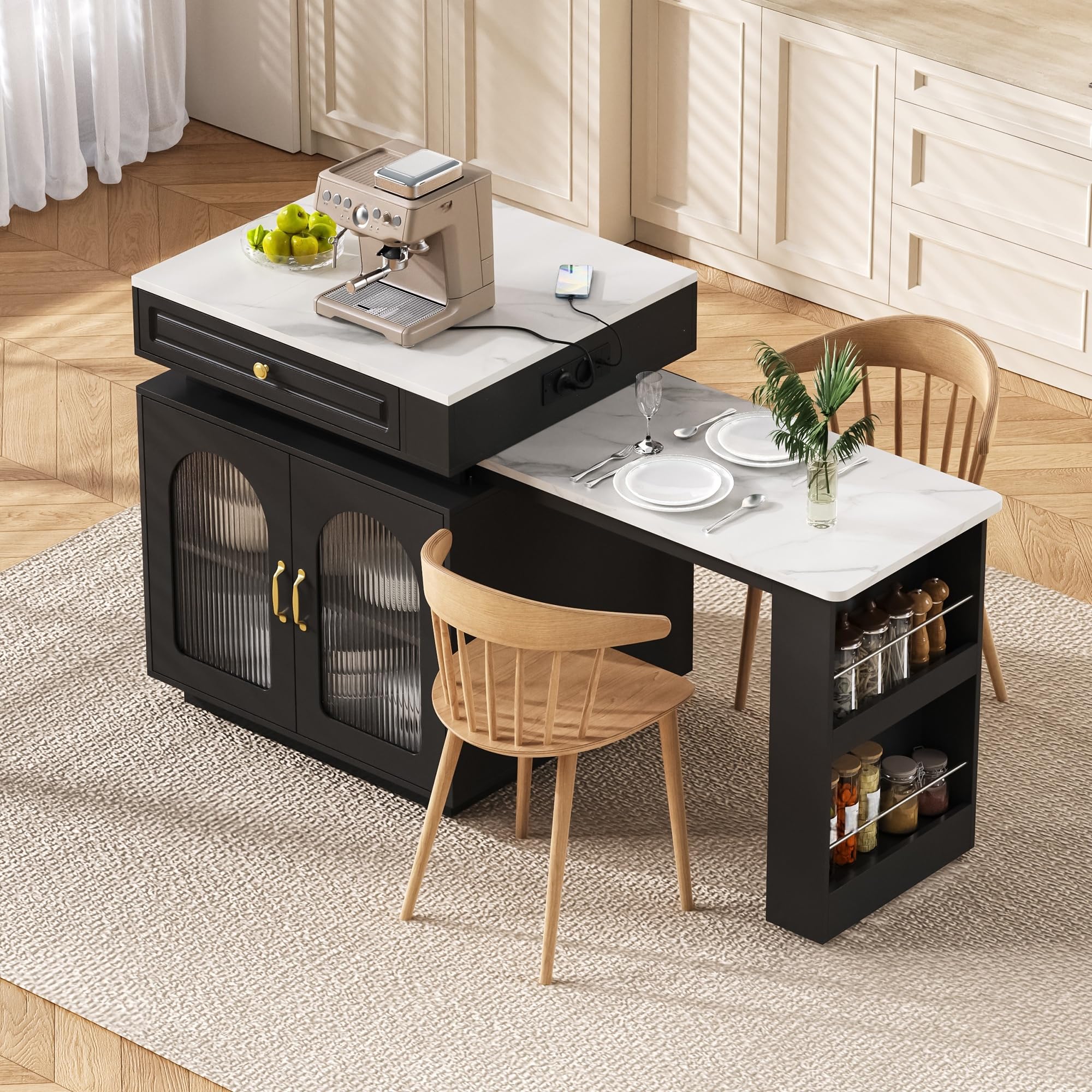 Isla de Cocina con LED, Mesa Extensible con Tablero Extraíble y Regletas de Enchufes, Mesa Alta con Puerta de Cristal y Cajones, Modern Mueble Buffet con Almacenamiento, 128~200×71×92cm (Negro)