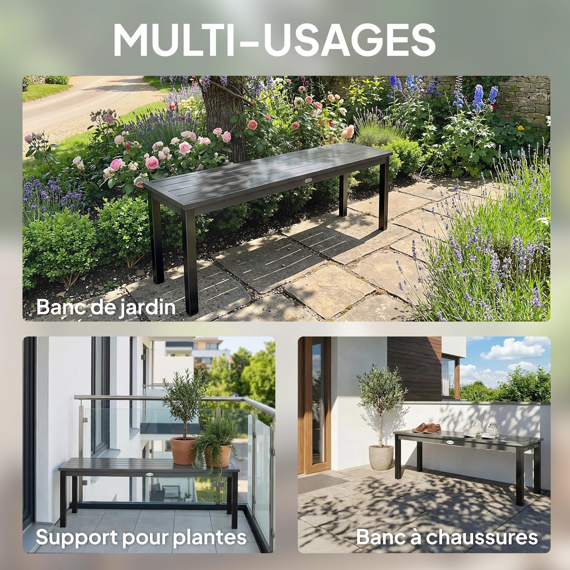 Outsunny - Banco de jardín de metal, banco exterior de 2 plazas con asiento de madera, sin respaldo, banco de jardín, marco de acero para patio, balcón, parque, capacidad 240 kg, 130 x 34 x 43 cm