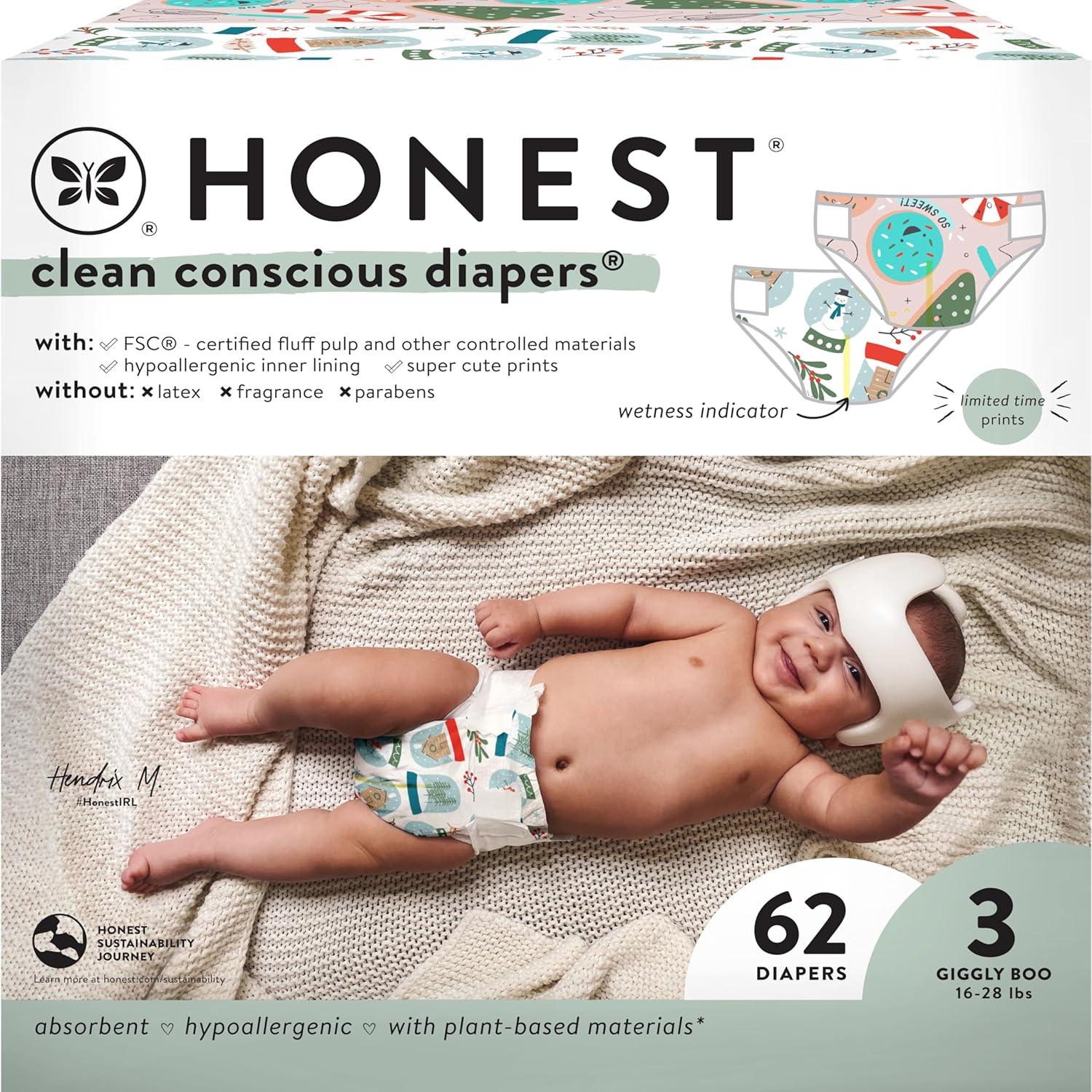 The Honest Company Clean Conscious Diapers | Plant-Based, Sustainable | Winter '24 Limited Edition Prints | Club Box, Size 3 (16-28 lbs), 62 Count Size 3 (62 Count)