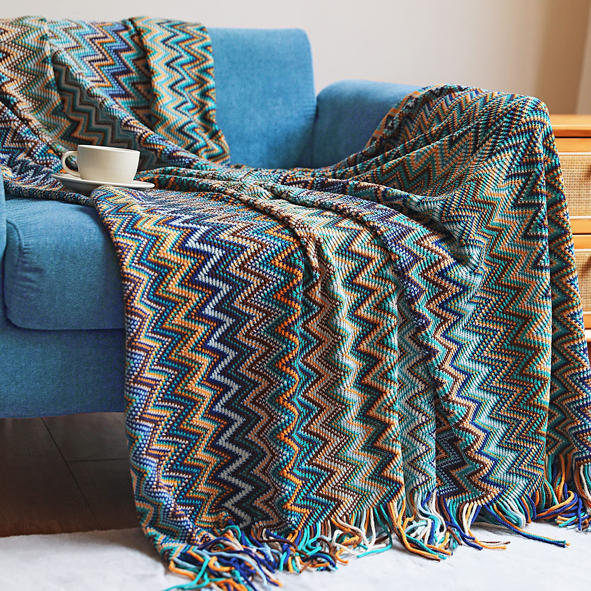Boho Throw Blankets Outdoor Knitted Tassel Blankets, Super Soft Cozy Lightweight Couch Decorative Bohemian afghans Throw Blankets, Bed, Sofa, Outdoor Throw Blanket - All Seasons (Blue 50x70 Inch)