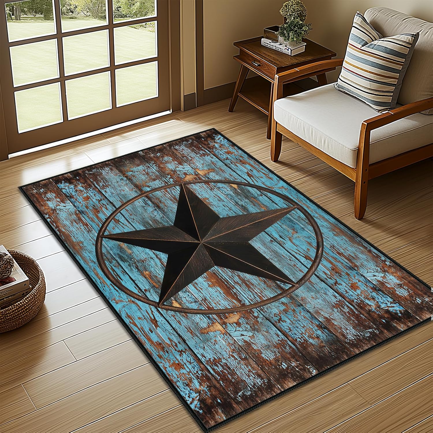 Western Area Rug 3x5,Rustic Barn Texas Star on Old Wooden Plank,Ultra-Thin Washable Throw Carpet Teal Rugs for Bedroom Indoor Vintage Rugs Non Slip Accent Floor Carpets for Entryway,Living Room,Office