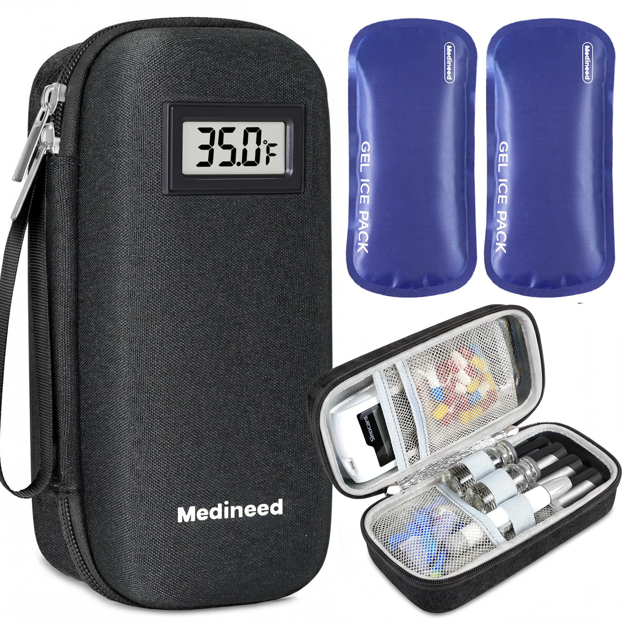 Insulinkühler-Reisetasche mit Temperaturanzeige mit 2 x 125 g TSA-zugelassenen Kühlakkus, EVA, tragbarer Medizin-Reise-Kühler für Diabetiker, Aufbewahrung für den Alltag und Reisen (Anthrazitschwarz)