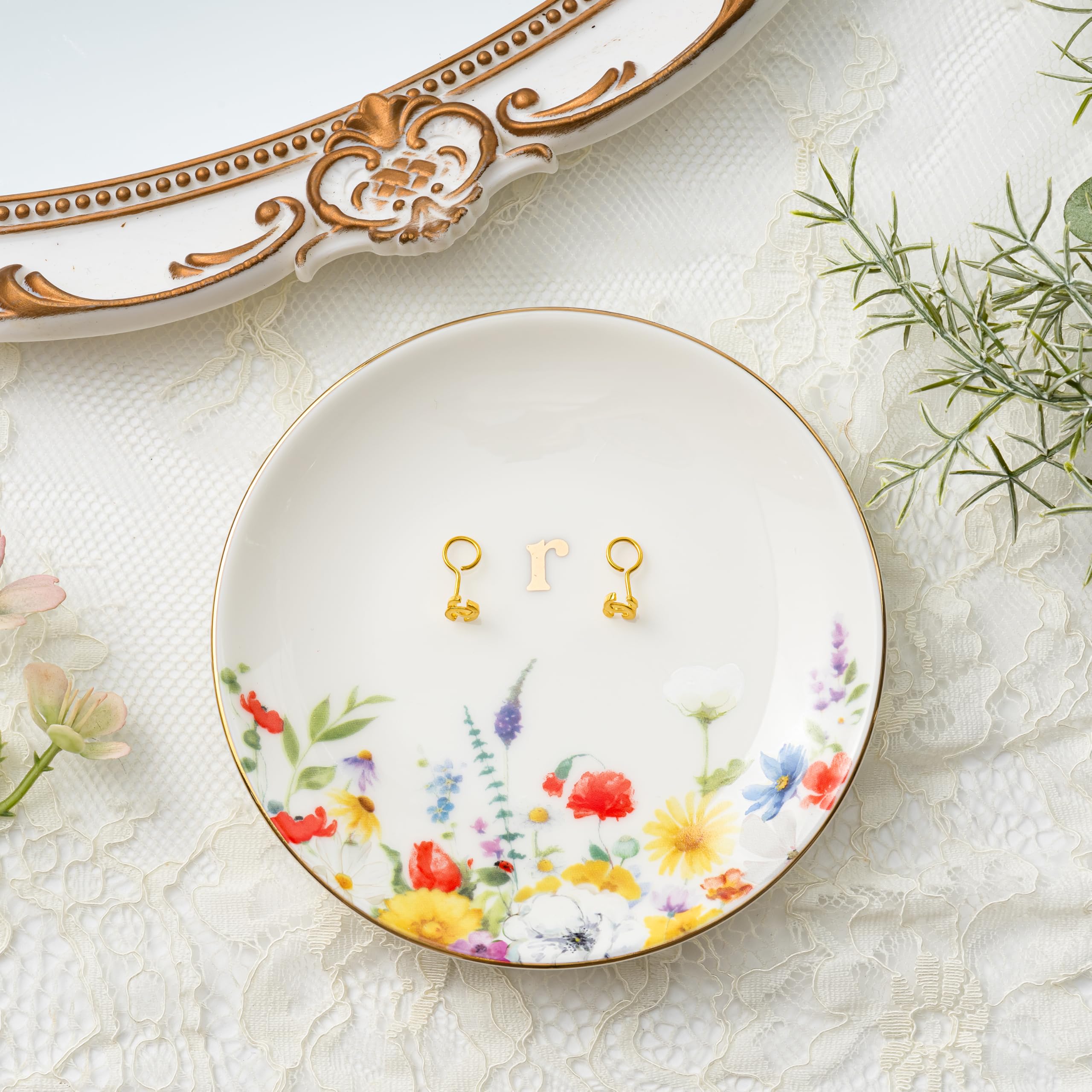 Crisky Ceramic Jewelry Tray - Wildflower Gold Foil Ring Dish 4.57 Inch, Trinket Holder & Gift - View #2