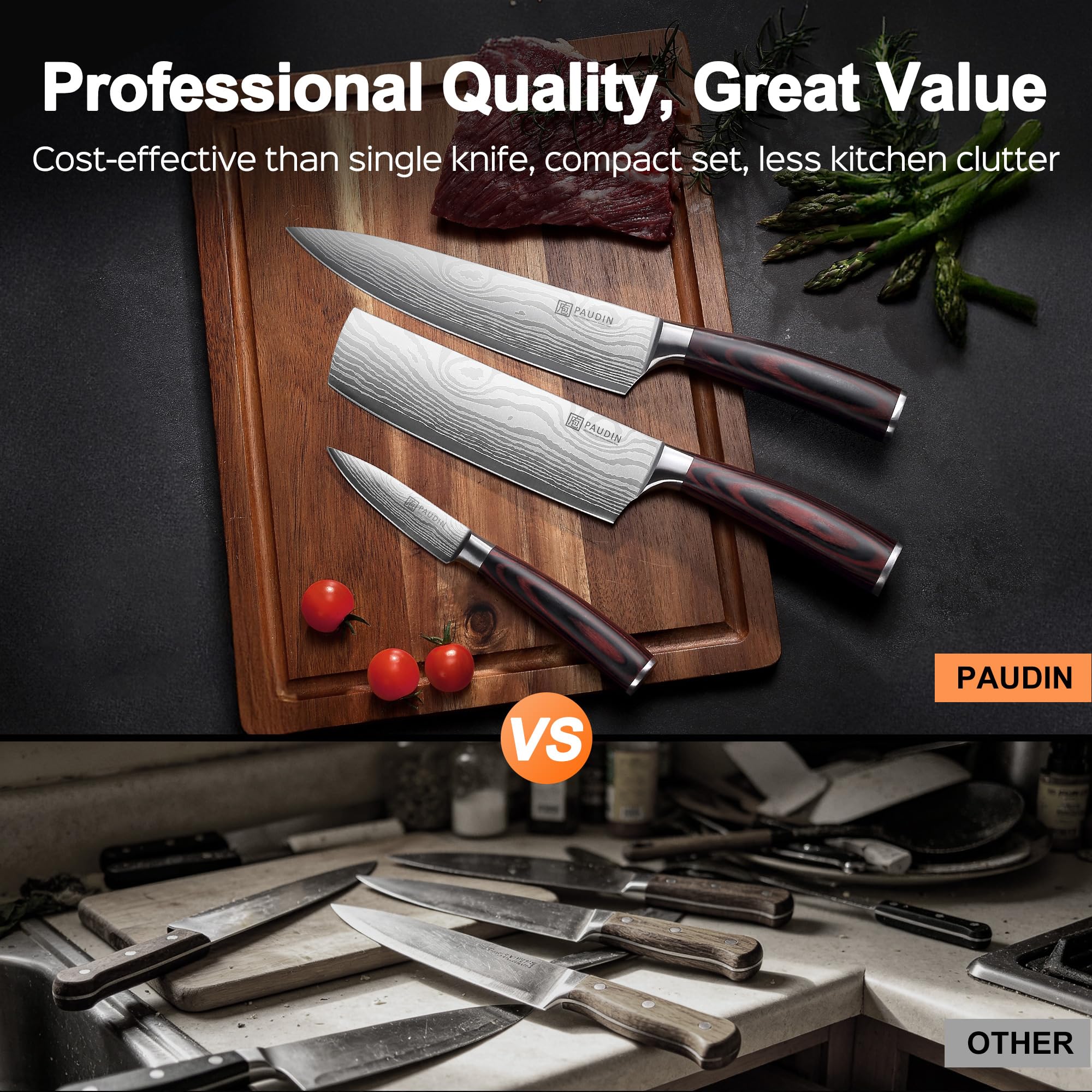 PAUDIN Kitchen Knife Set, 3 Piece High Carbon Stainless Steel Professional Chef Knife Set with Ultra Sharp Blade & Wooden Handle (Kitchen Knife Set 3 Pcs) — Amazon image 6
