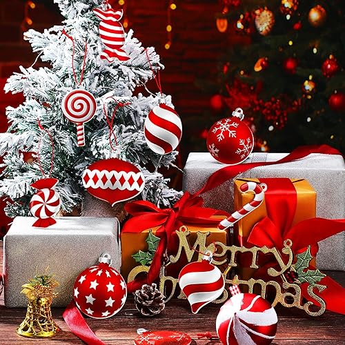 Miniatura 2 de 36 adornos colgantes de caramelo de Navidad, de madera, piruleta de menta, bastón de caramelo, adornos de árbol rojo y blanco con cuerda para árbol