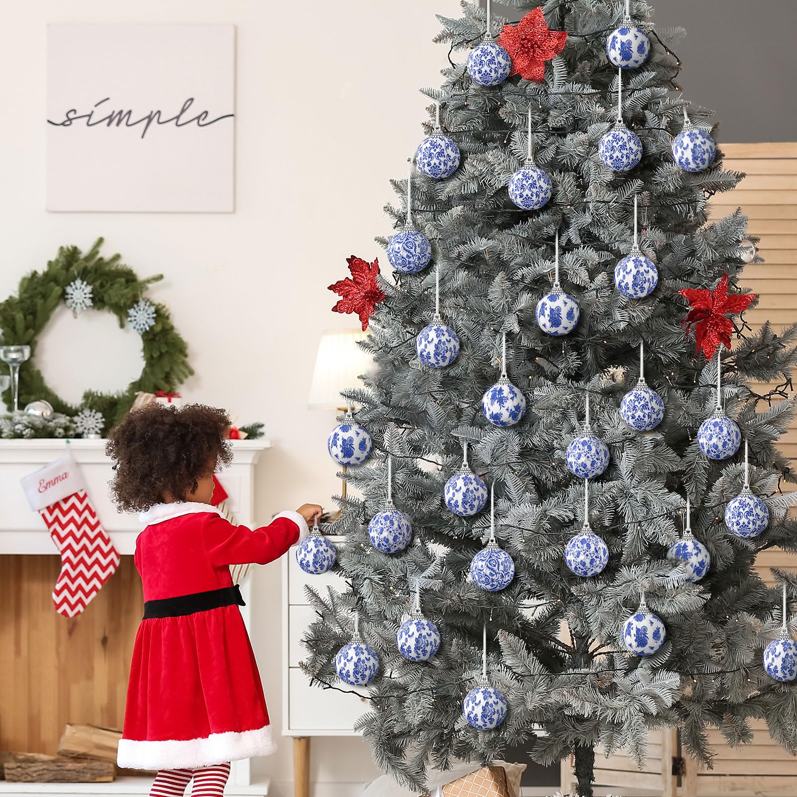Liliful 24 Stück Ostereier zum Aufhängen, Blaue und weiße Chinoiserie, Osterbaum-Ornamente, Mini-Eier, Ornamente für kleine Bäume, Stoffverpackte Ostereier für Party, Frühling, Zuhause (klassisch)