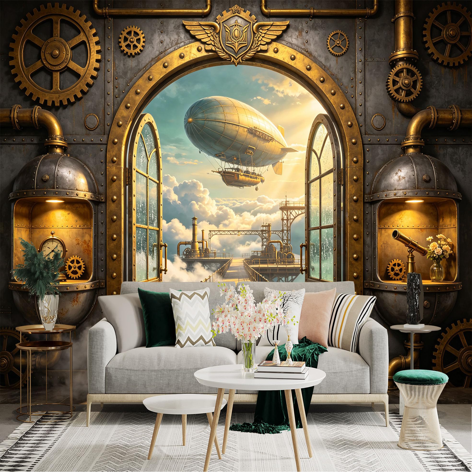 Lnzczhyre Bh260719334 Custom Size Wall Sticker Mural， Steampunk Airship Portal， Industrial Gears， Vintage Sky Dock， For Wall Decoration， Peelandstick Wall Decals.