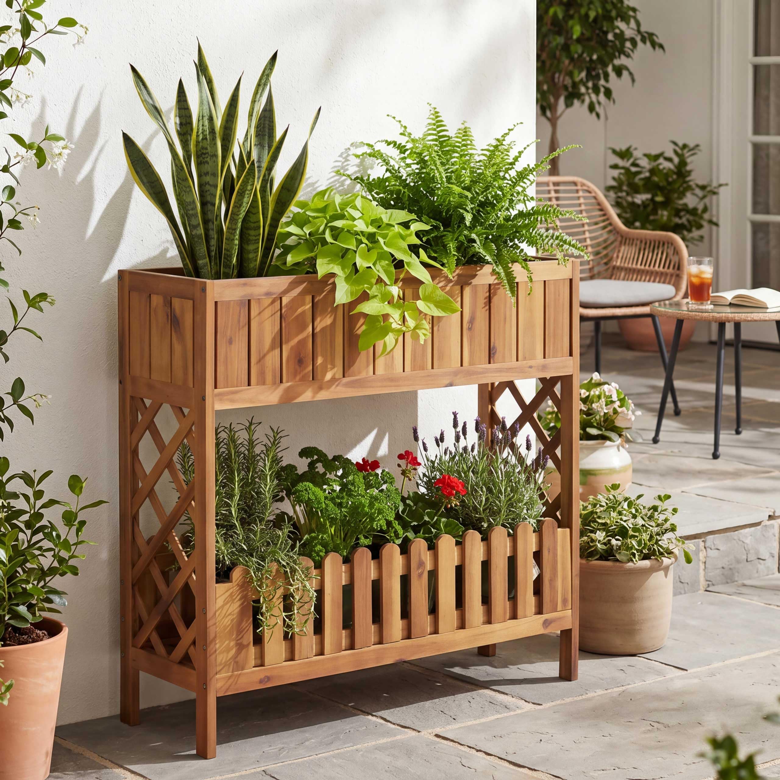 Mendler Hochbeet HWC-P83 Outdoor Akazie Holz 90x95x31cm - braun | Blumen-/Pflanzkasten, Blumenregal, Ablage, FSC®-Zertifiziert