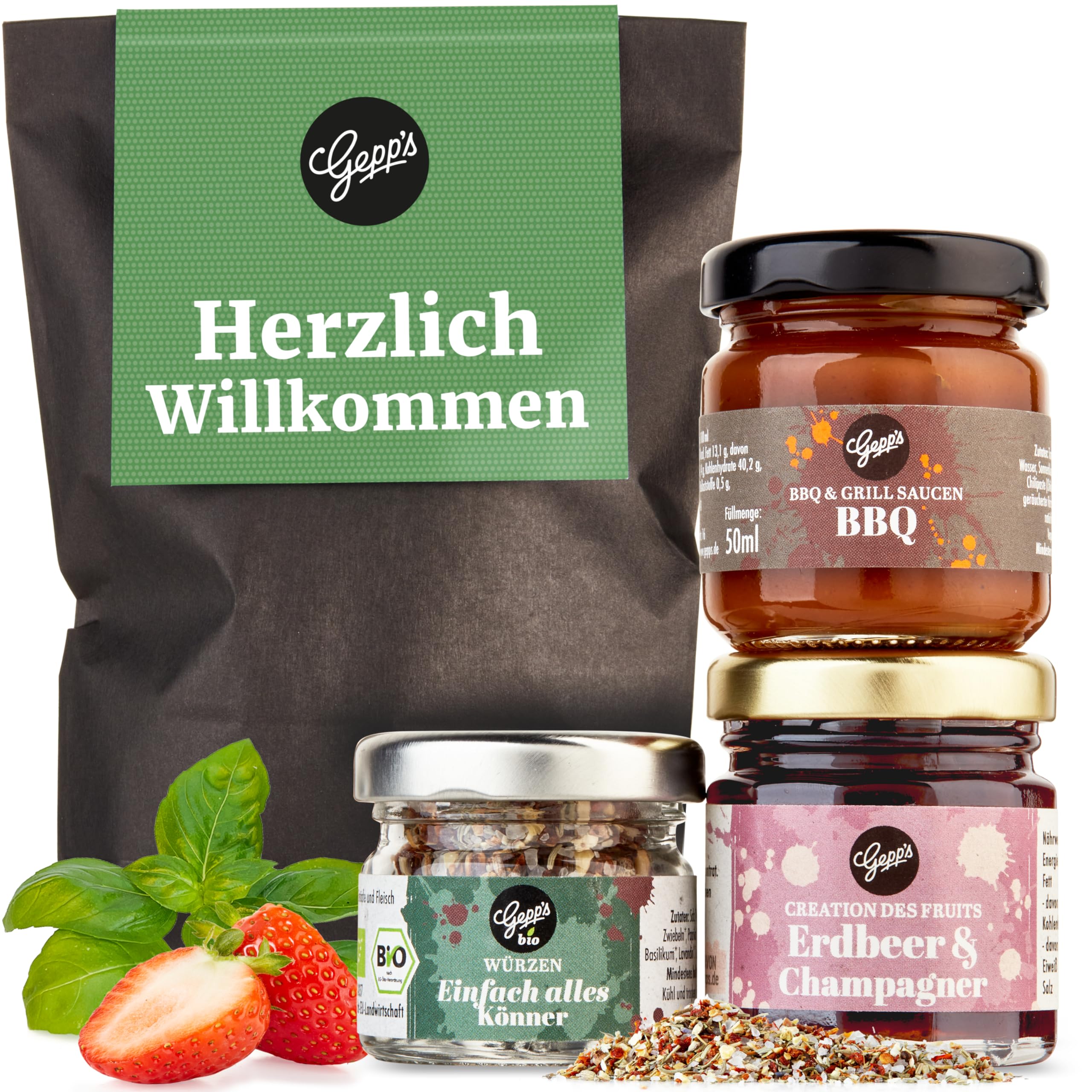 Gepp‘s Feinkost Geschenkset "Herzlich Willkommen" I Kleiner Geschenkkorb mit Delikatessen für jeden Geschmack I BBQ-Sauce, Gewürzsalz & Fruchtaufstrich I Als Geschenk für Kollege