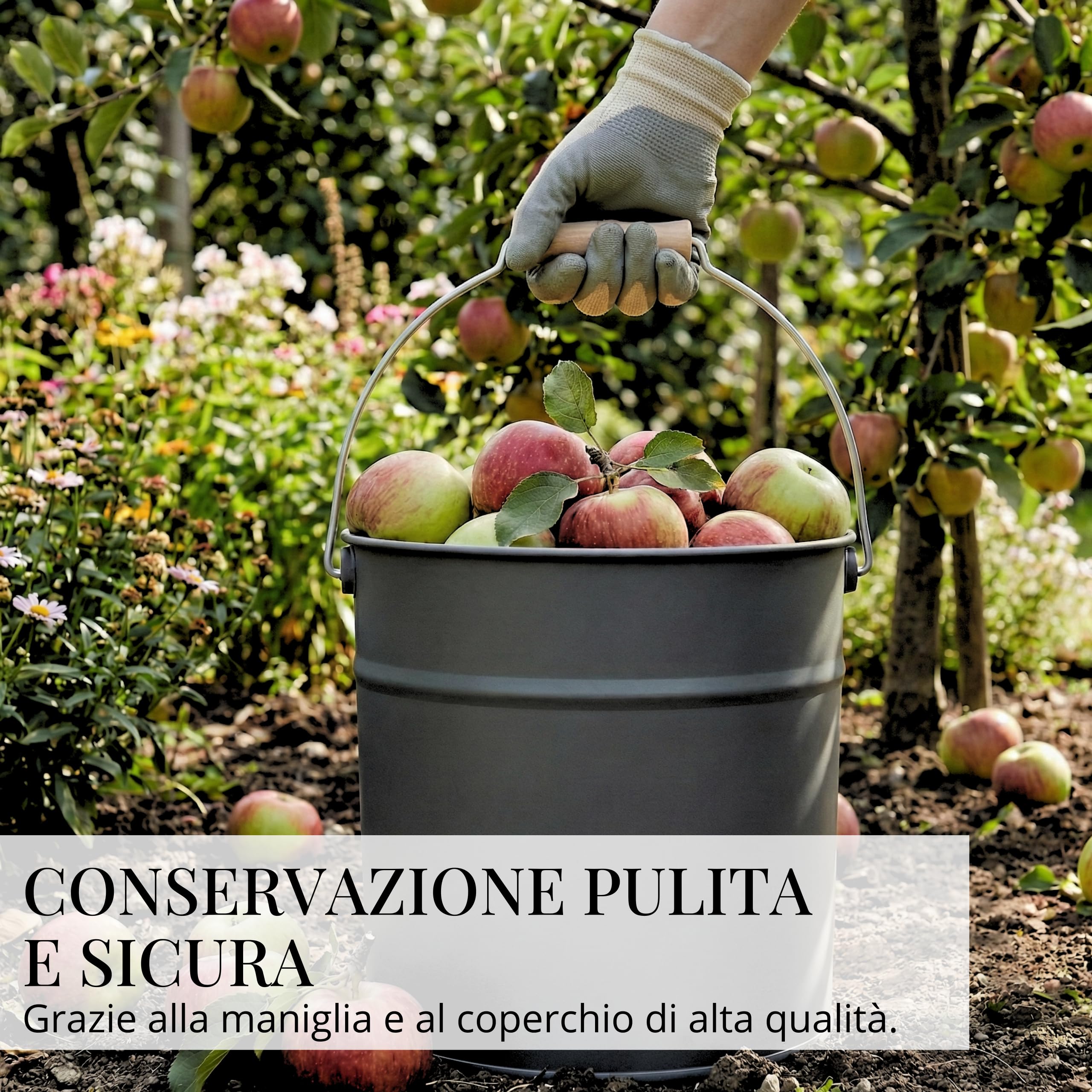 Livlig53 LIVLIG - Secchio in metallo con coperchio, secchio da giardino zincato e secchio per cenere in metallo robusto, elegante secchio con coperchio e manico in legno, qualità premium dall'Europa