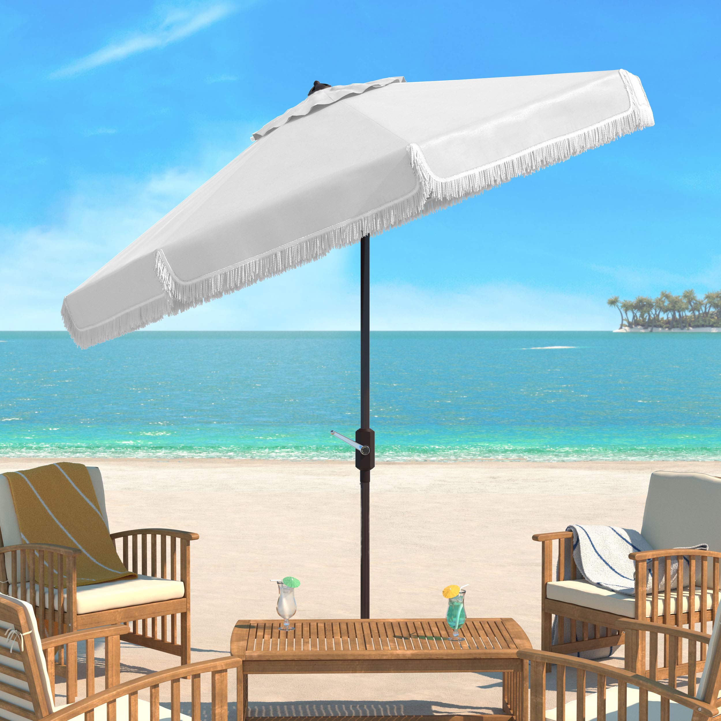 Amazon Com Safavieh Pat8008c Collection Milan Fringe 9ft Crank Outdoor Push Button Tilt Umbrella White White Garden Outdoor