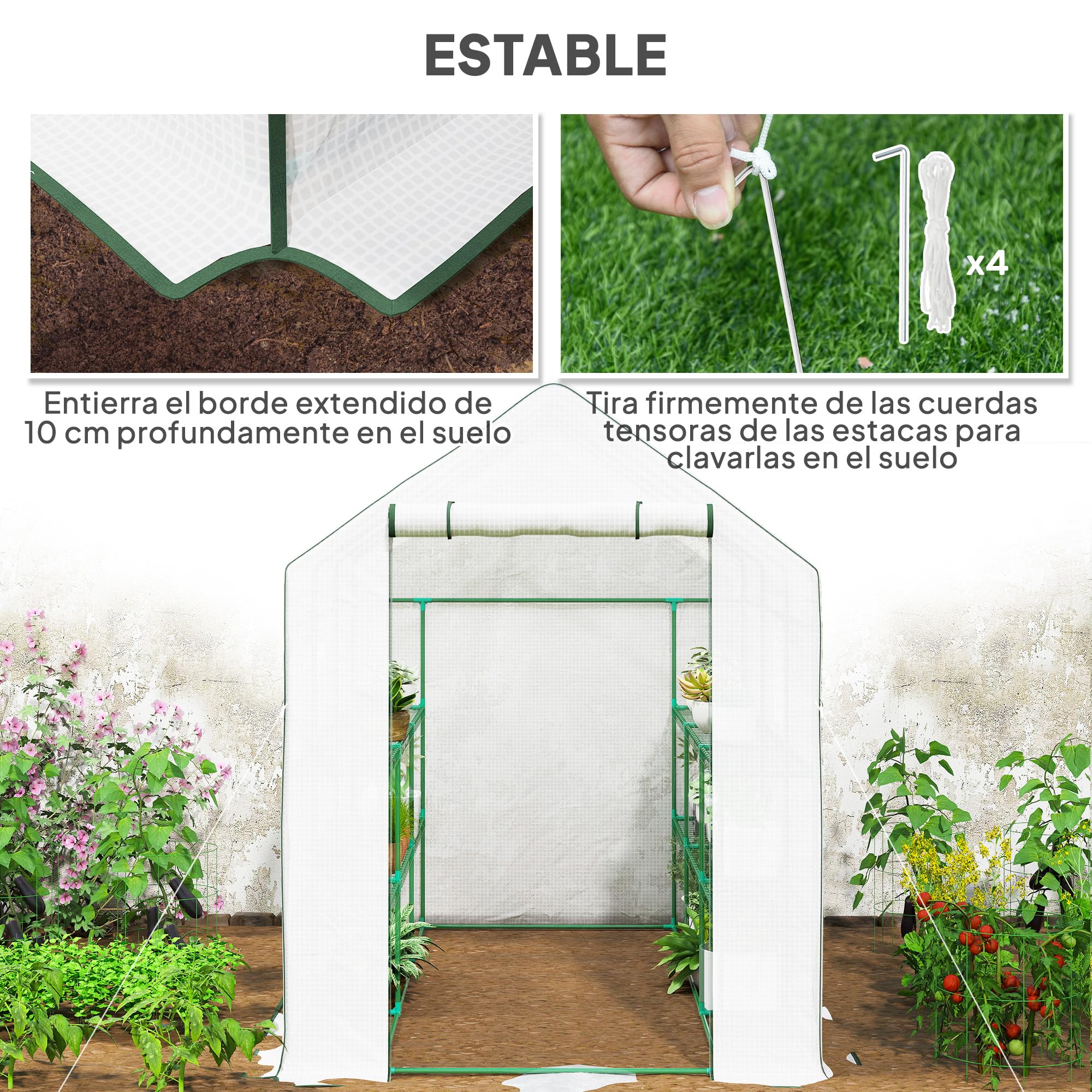 Outsunny Invernadero de Jardín de 3 Niveles Exterior 140x213x190 cm Blanco | 12 Estantes, Puerta Enrollable, Ventanas, Anti-UV, Cubierta PE 135g/m², Cultivos, Plantas, Flores
