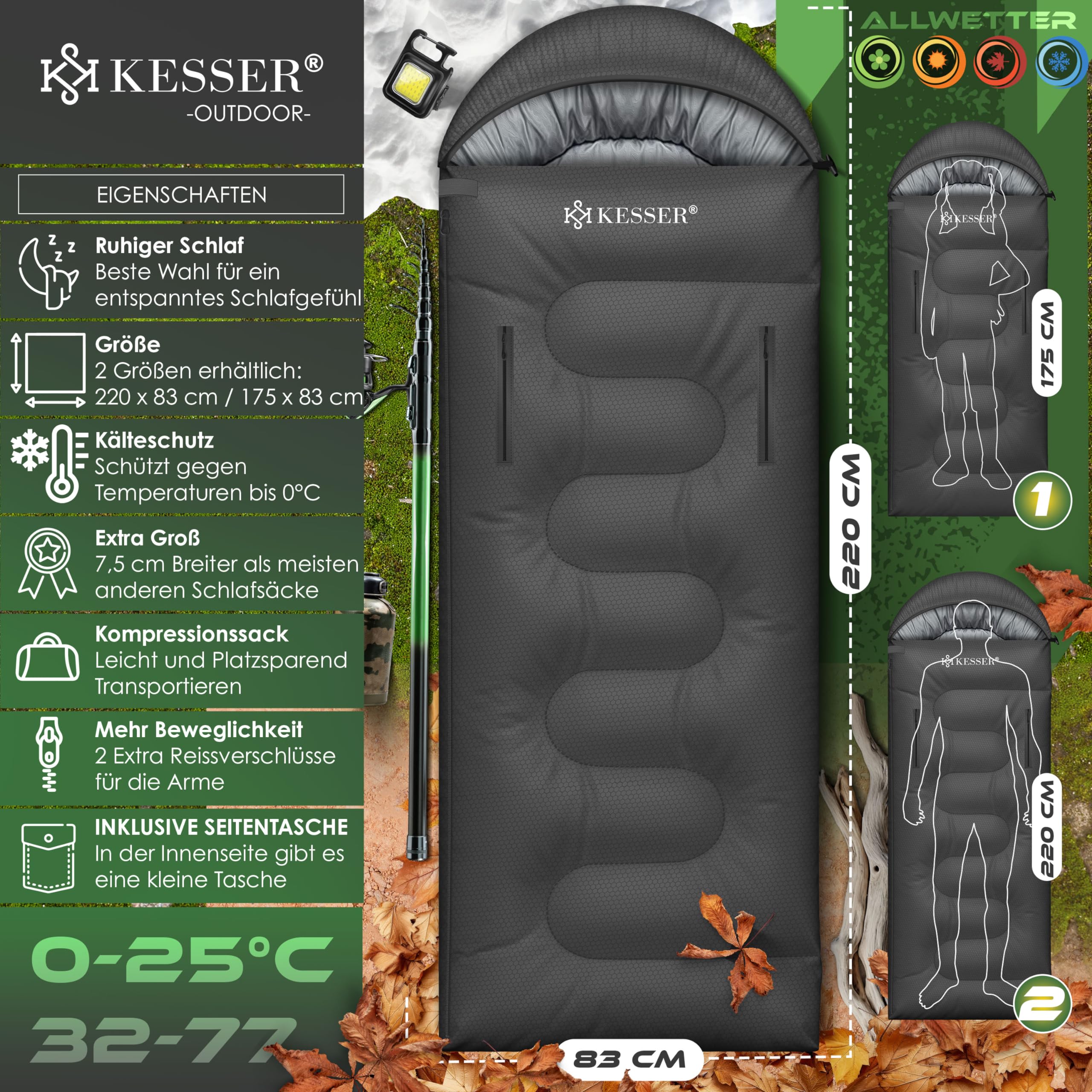 KESSER® Sac de couchage d'extérieur | Sac de couchage couverture 3-4 saisons | Sac de couchage de camping pour adultes et enfants | Léger et portable, chaud et imperméable avec lampe de camping et