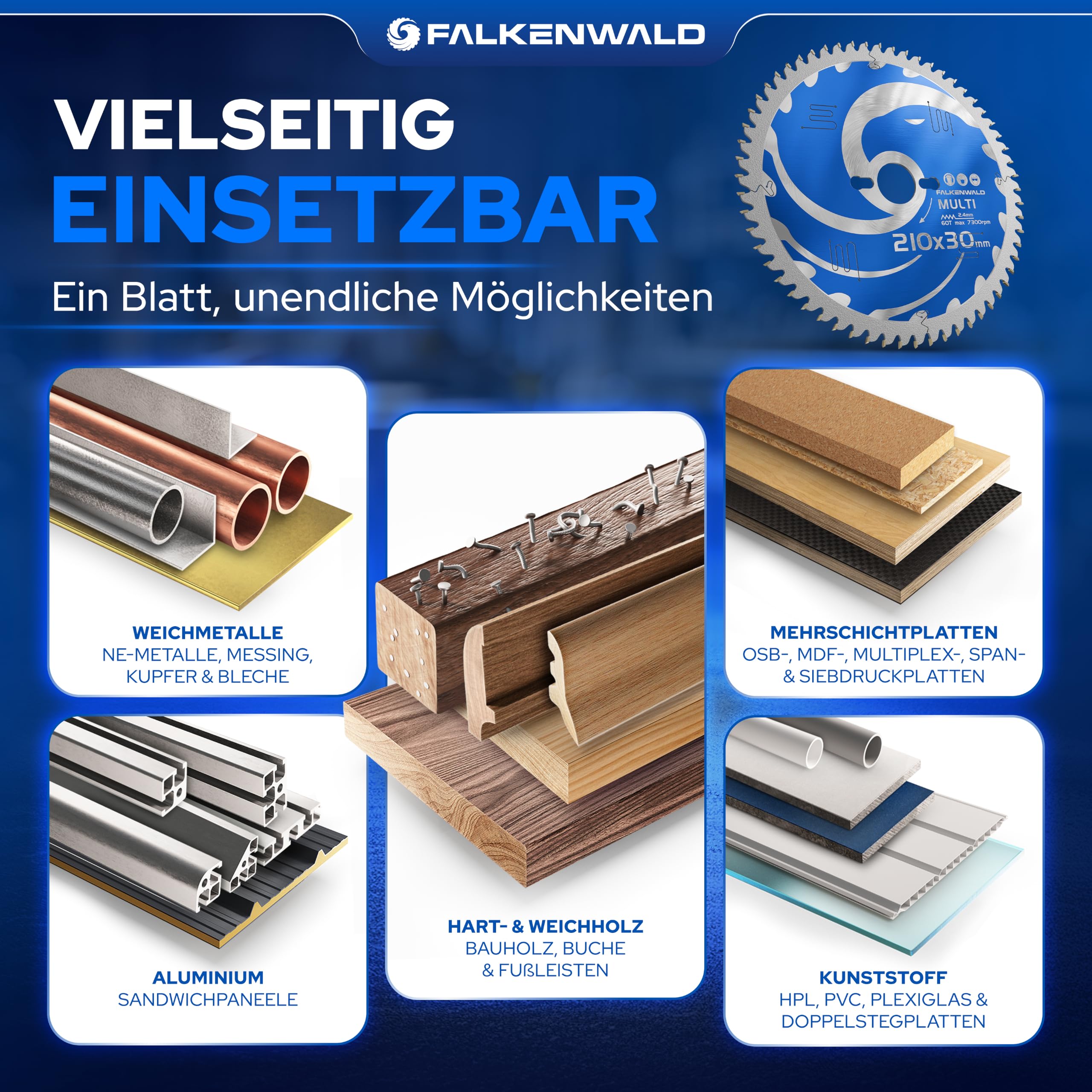 FALKENWALD ® Kreissägeblatt 210x30 mm - Ideal für Holz, Metall & Alu - Sägeblatt 210x30 kompatibel als Kappsägeblatt für Bosch & Makita - Multi Kappsägeblatt 210x30 - Sägeblatt 210