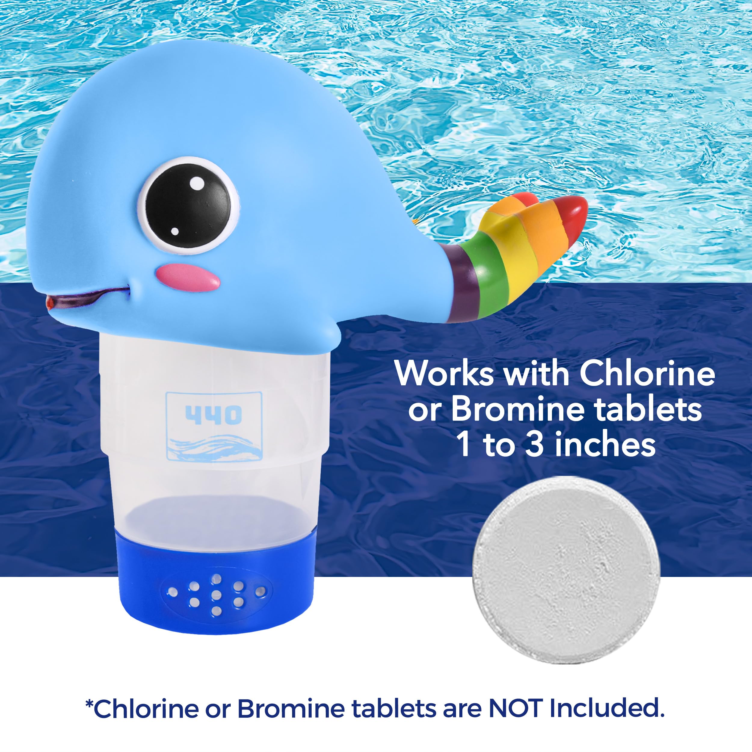 440 Distributeur de chlore flottant de piscine, s'adapte jusqu'à 3 pastilles de chlore de 7,6 cm, débit réglable, contrôle, plastique robuste – Convient pour les petites et grandes piscines – 236,8 g