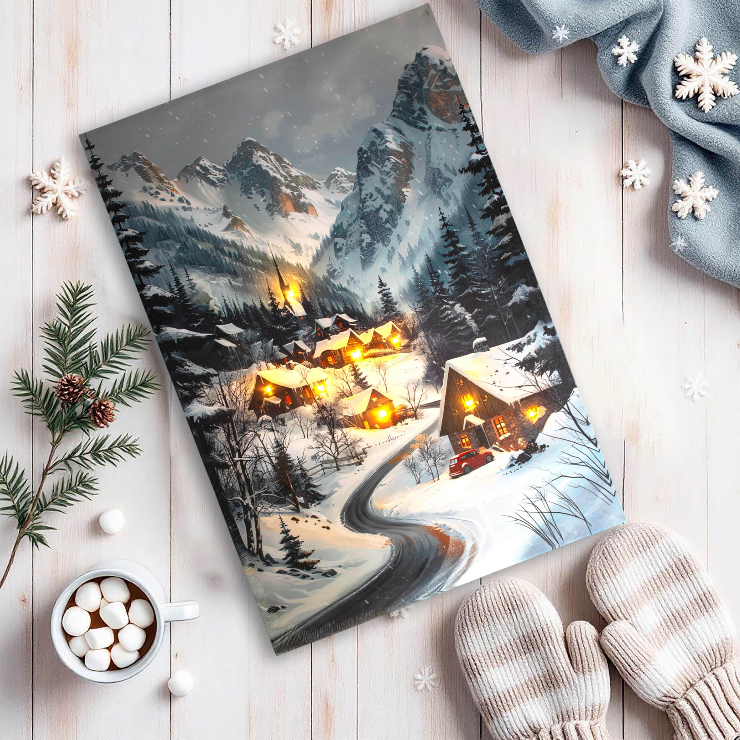 Spetebo Immagine natalizia da parete con illuminazione a LED alimentata a batteria - 58 x 38 cm - Immagine di villaggio invernale su tela illuminata in bianco caldo - Decorazione natalizia da parete