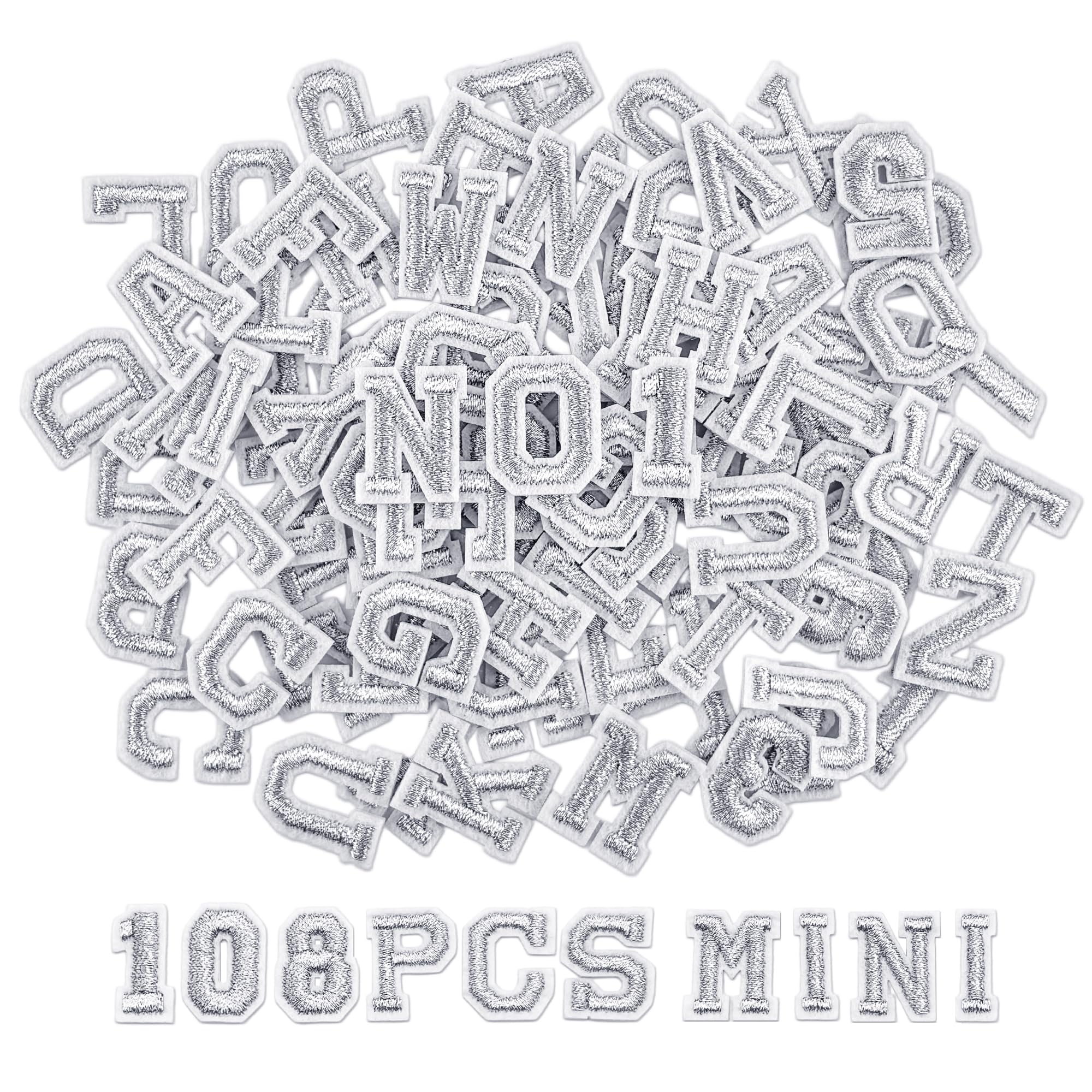 Photo 1 of 108PCS Iron on Letters and Numbers 0.75 inch Small Embroidered Letter Patches, A-Z & 0-9 Alphabet Applique for Clothing, Hats, Shirts, Bags, DIY Craft Decor, Silver