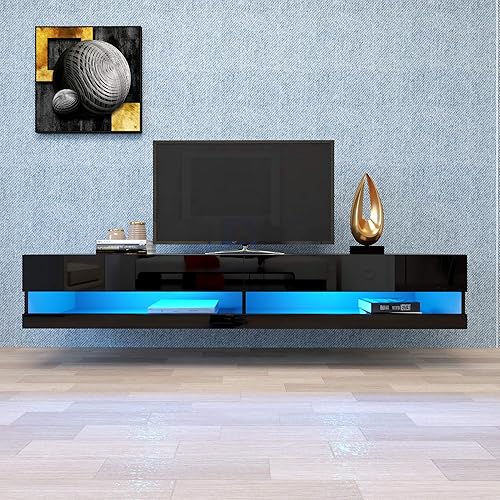 Miniatura 2 de Voohek Moderno soporte flotante para TV montado en la pared con luces LED, 20 colores, centro de entretenimiento con almacenamiento, mesa consola