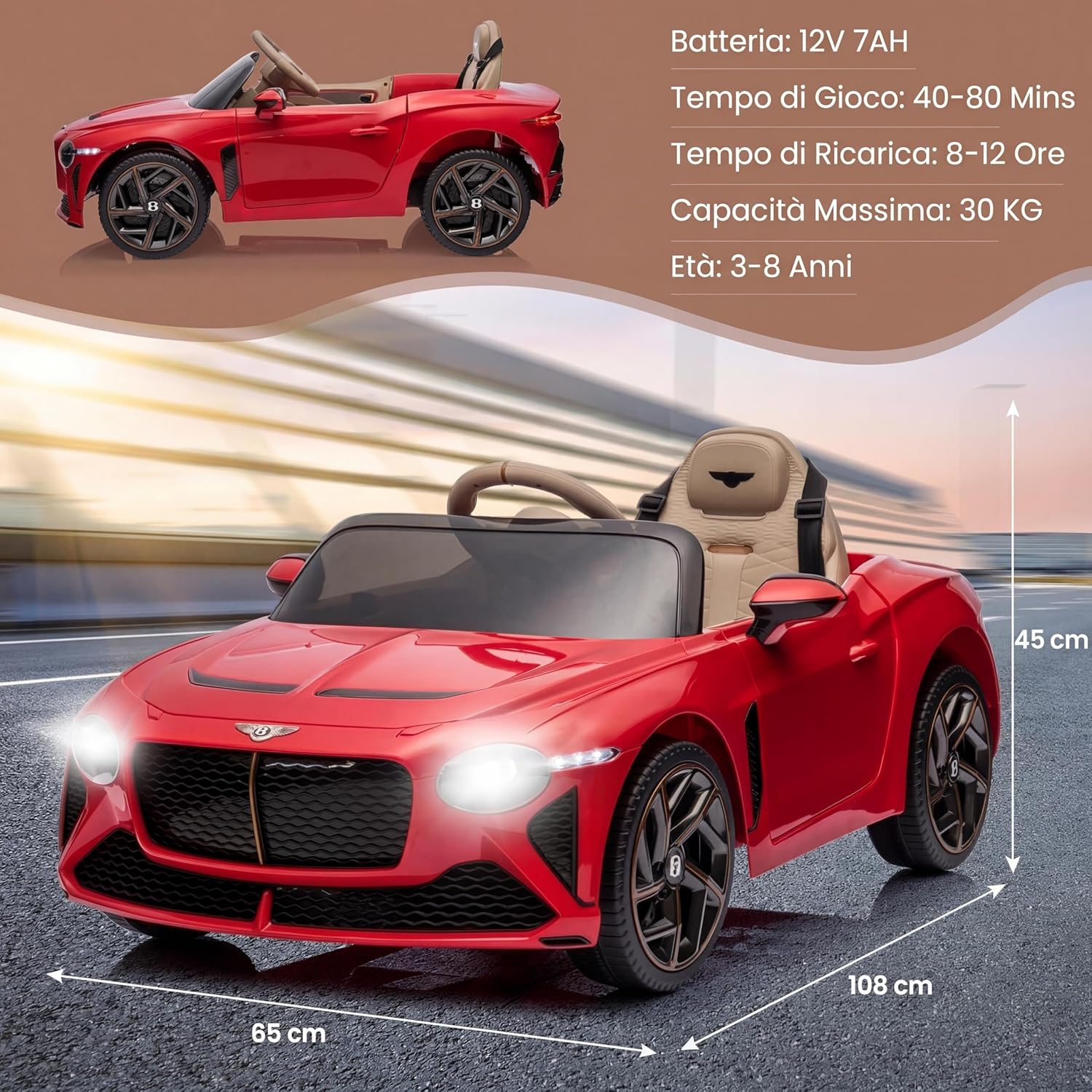 Electric Car for Children 3-8 Years 12 V with Bacalar License, Luxury Children's Electric Car with Scissor Doors, Suspension, 3 Speeds, LED Lights, Horn, Remote Control Parents – Red