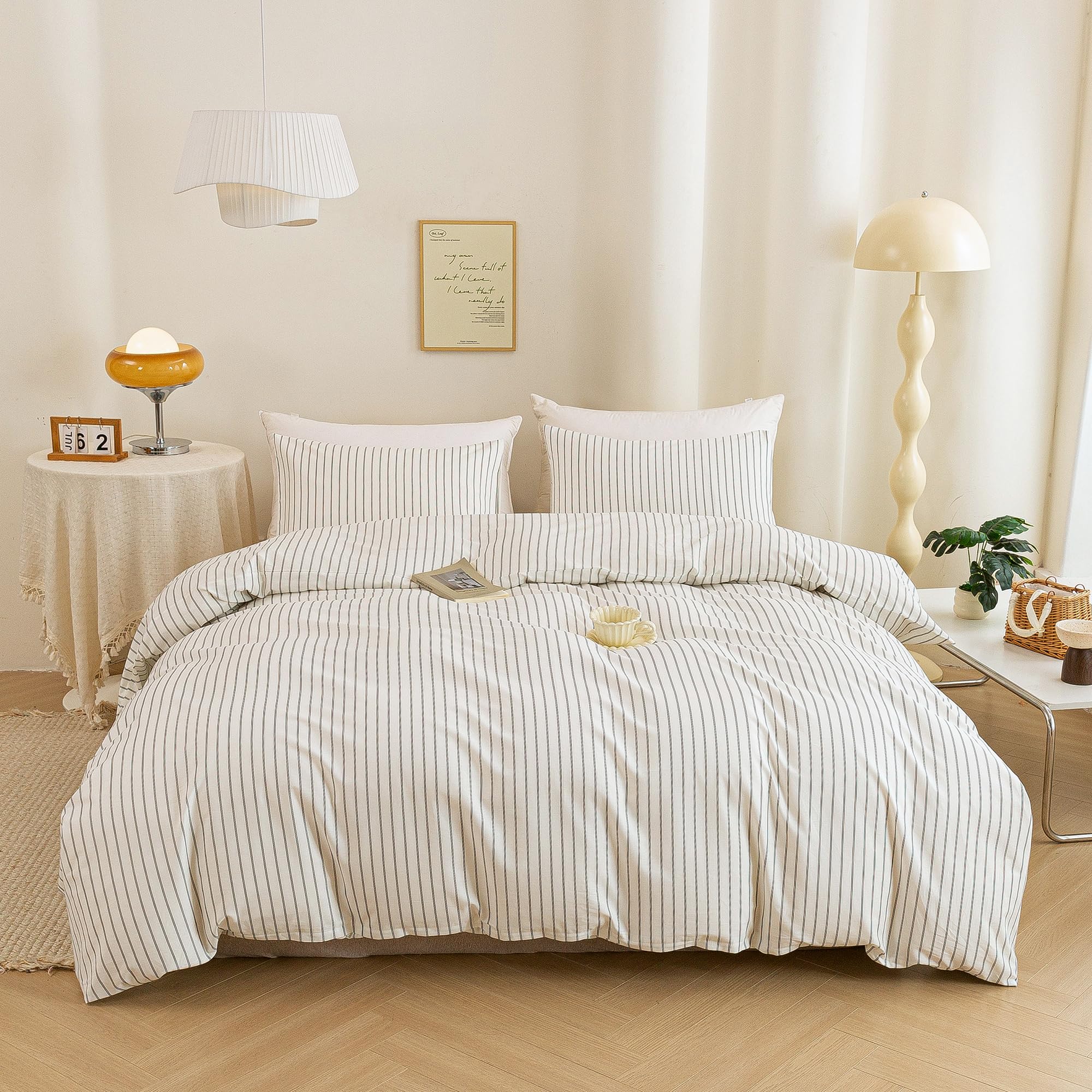 ECOCOTT Stripe Duvet Cover King Size, 100% Washed Cotton Linen Feel Pinstripe Bedding Set - 3pcs Soft Breathable Vertical Striped Comforter Cover with White and Grey Stripes