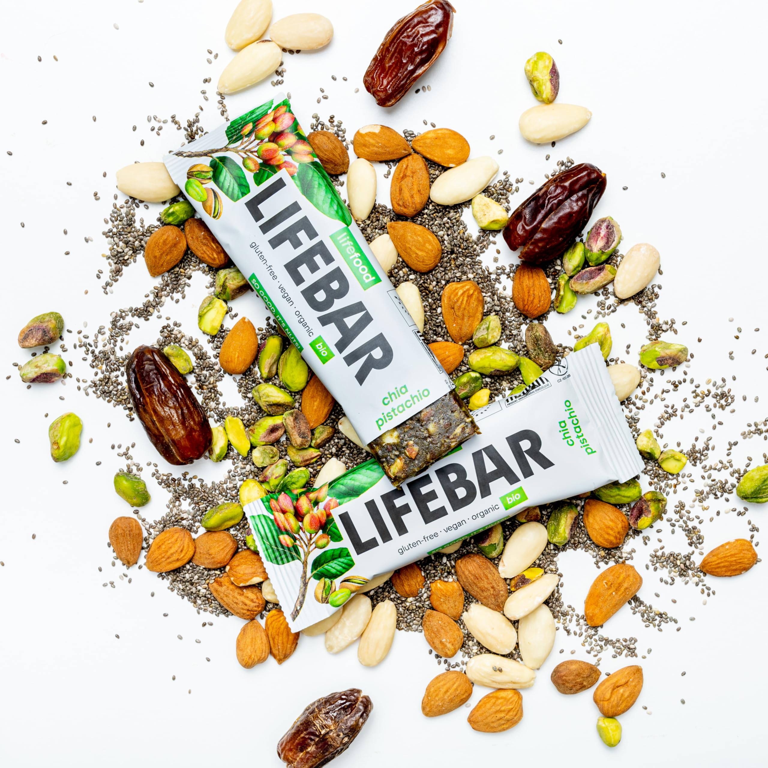 lifefood Lifebar Energieriegel, Vegan Sportriegel, RAW BIO Rohkost, Vegan, Glutenfrei, Laktosefrei,Ohne Zuckerzusatz, Biologisch angebaut - 15er Pack (15 x 40 g) (Chia Pistazie)
