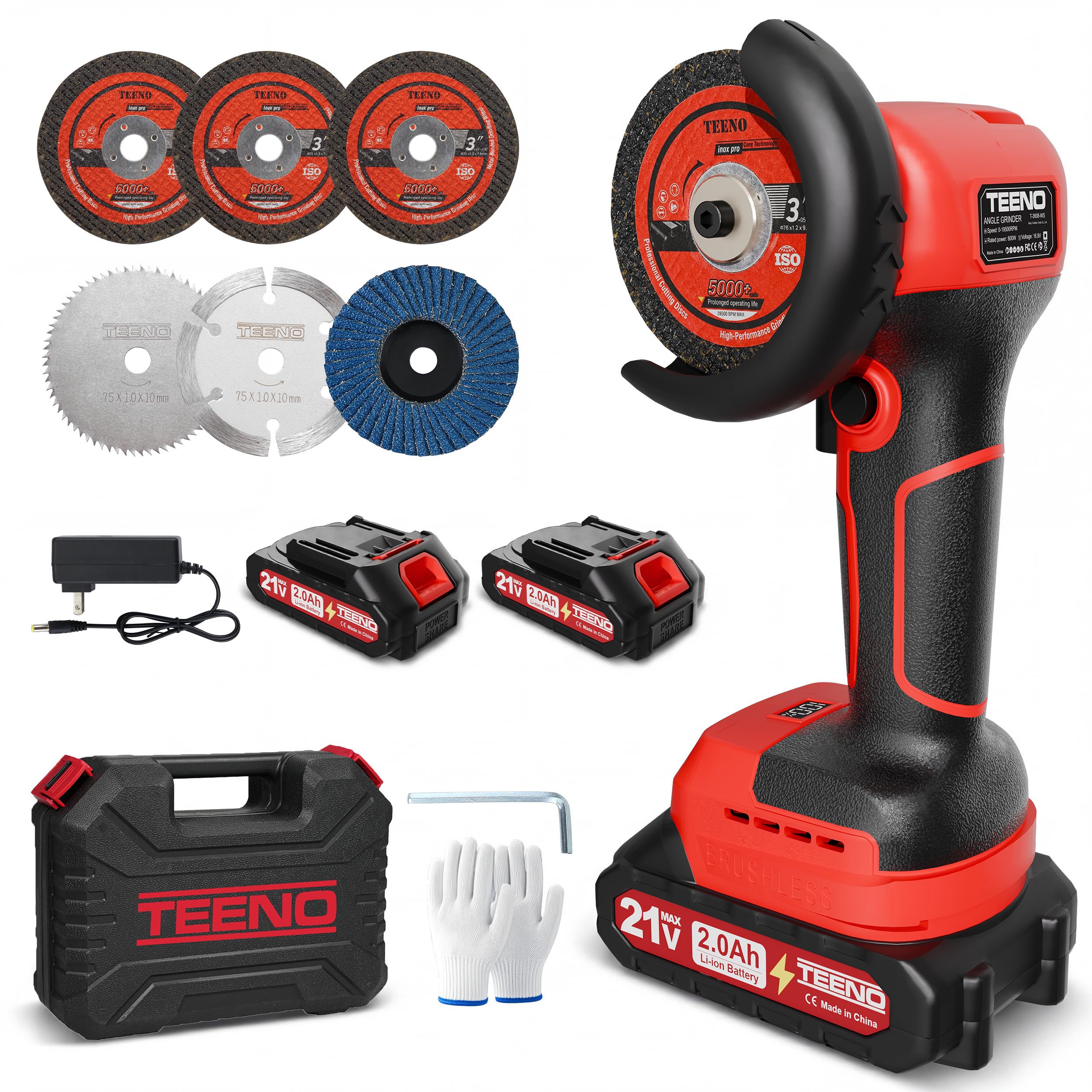 TEENO 21V Cordless Angle Grinder Kit, 19,500 RPM Mini Electric Angle Grinding Tool with 2pcs 2.0Ah Batteries & 6 Discs, 3-Inch Handheld Grinder for Metal/Wood, Fence Repair & Outdoor DIY